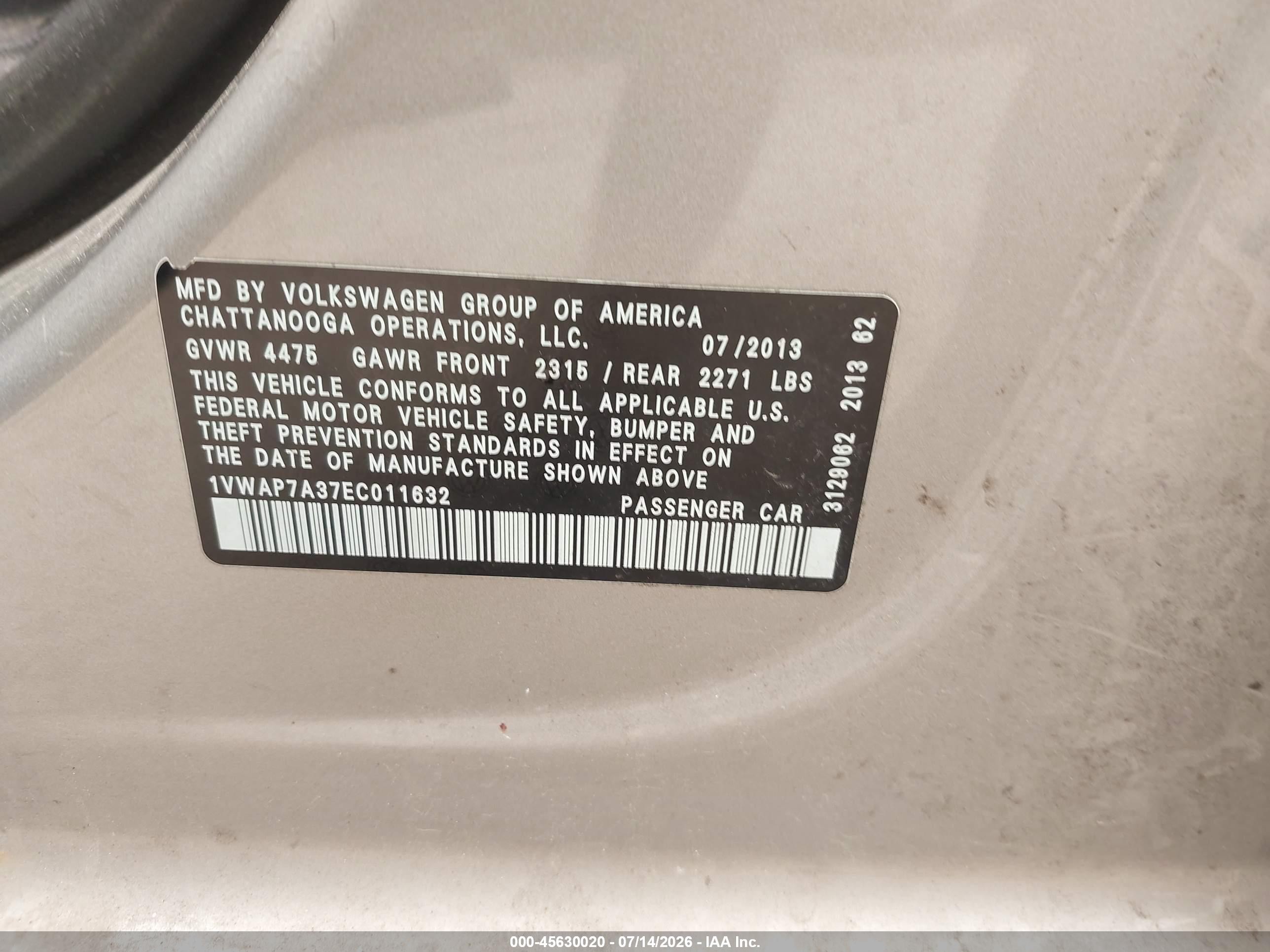 2014 Volkswagen Passat 2.5l S Tan vin: 1VWAP7A37EC011632
