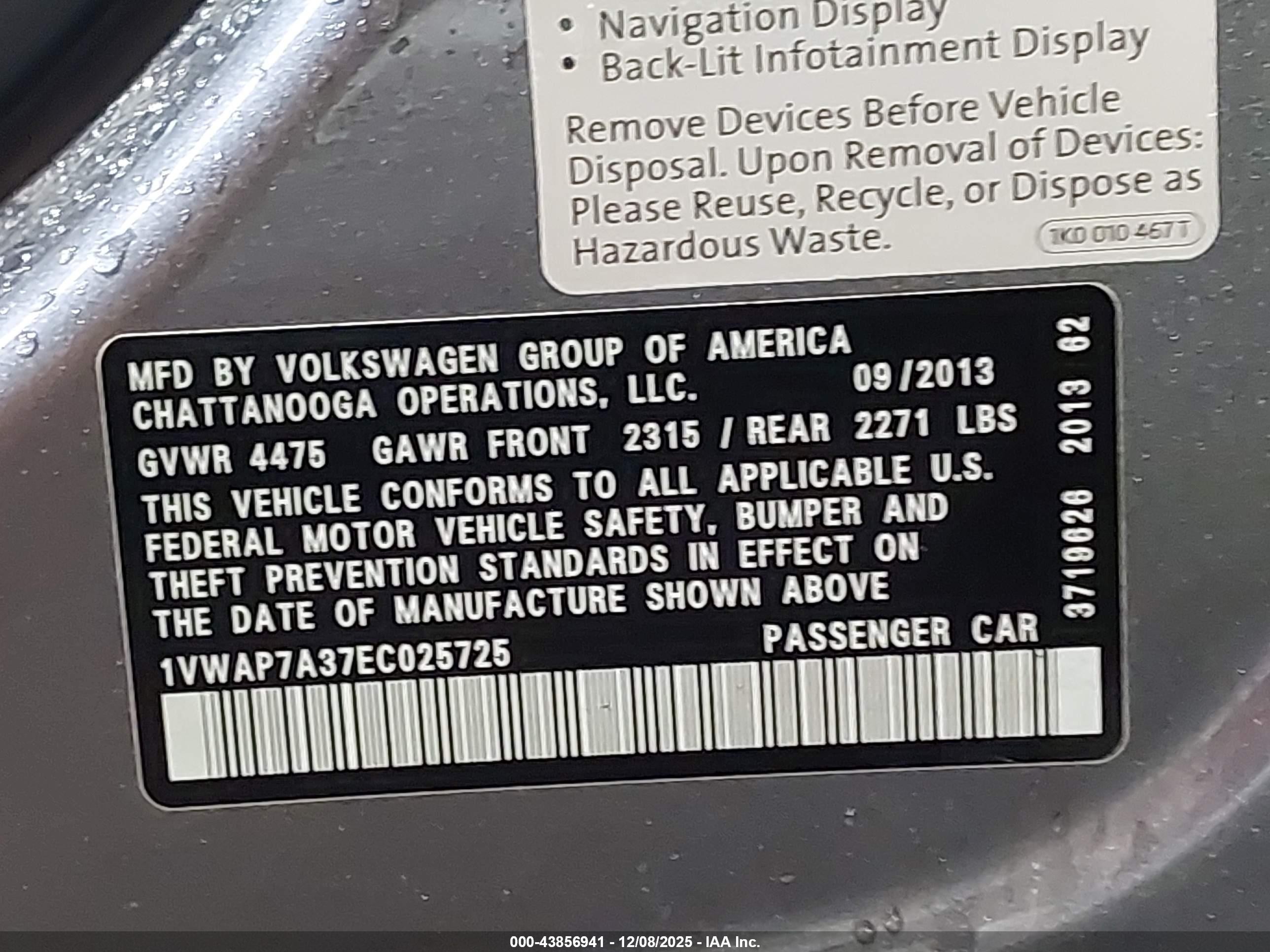 2014 Volkswagen Passat 2.5l S Blue vin: 1VWAP7A37EC025725
