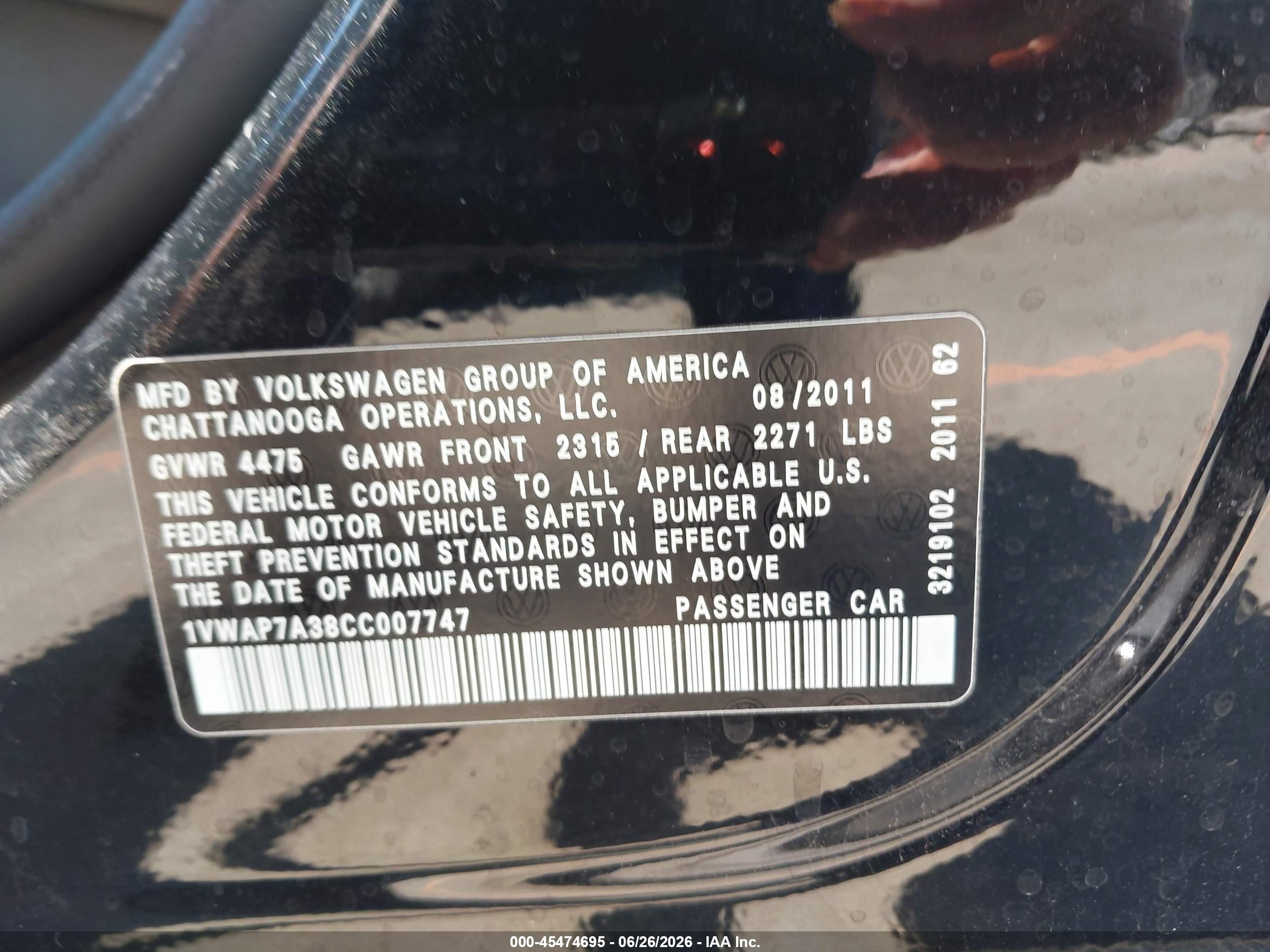 2012 Volkswagen Passat 2.5l S Black vin: 1VWAP7A38CC007747