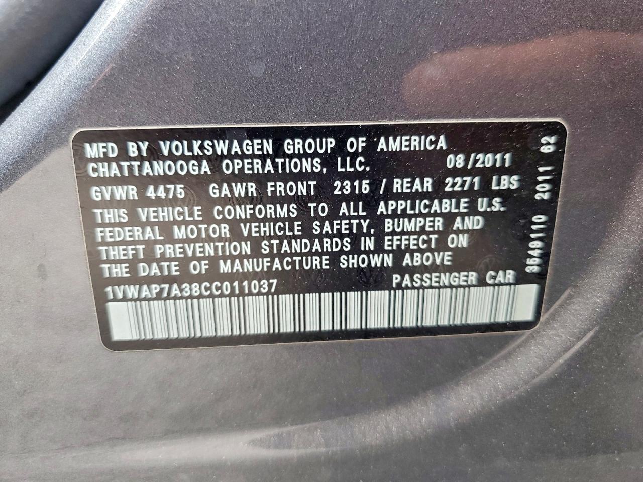 2012 Volkswagen Passat S Gray vin: 1VWAP7A38CC011037