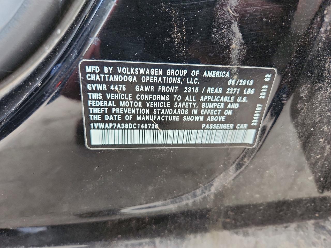 2013 Volkswagen Passat S Black vin: 1VWAP7A38DC145726