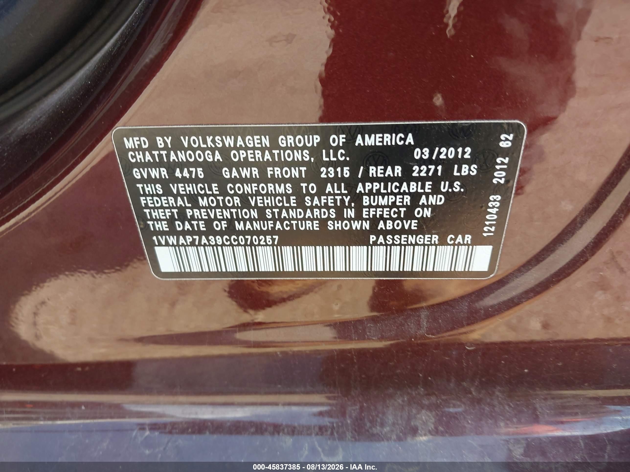 2012 Volkswagen Passat 2.5l S Бордовый vin: 1VWAP7A39CC070257