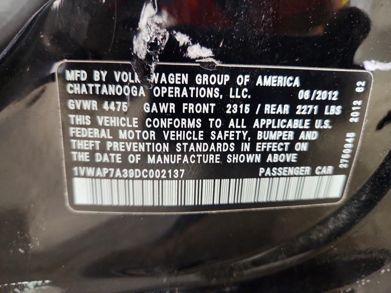 2013 Volkswagen Passat S Black vin: 1VWAP7A39DC002137