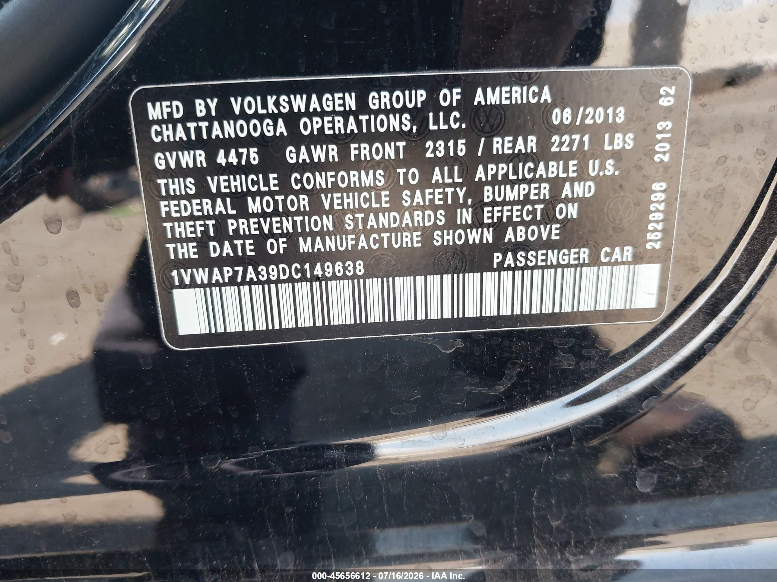 2013 Volkswagen Passat 2.5l S Black vin: 1VWAP7A39DC149638