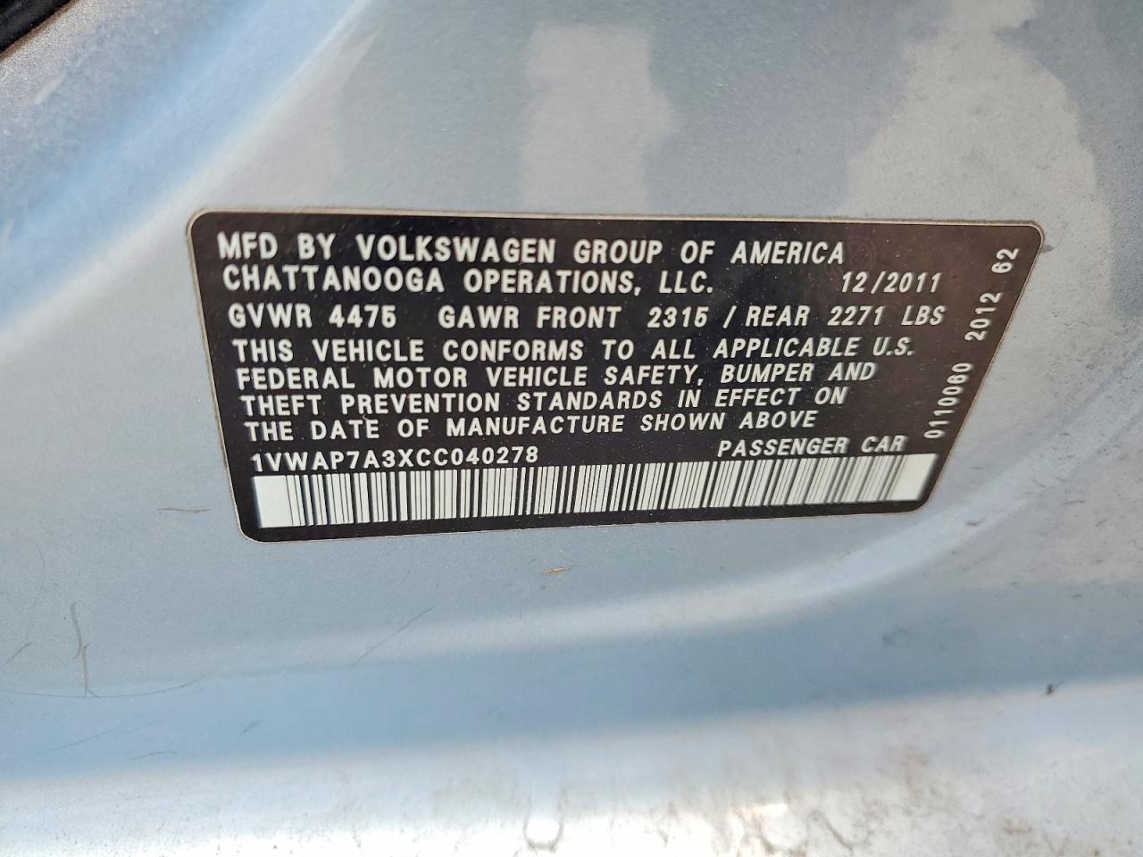2012 Volkswagen Passat S Blue vin: 1VWAP7A3XCC040278