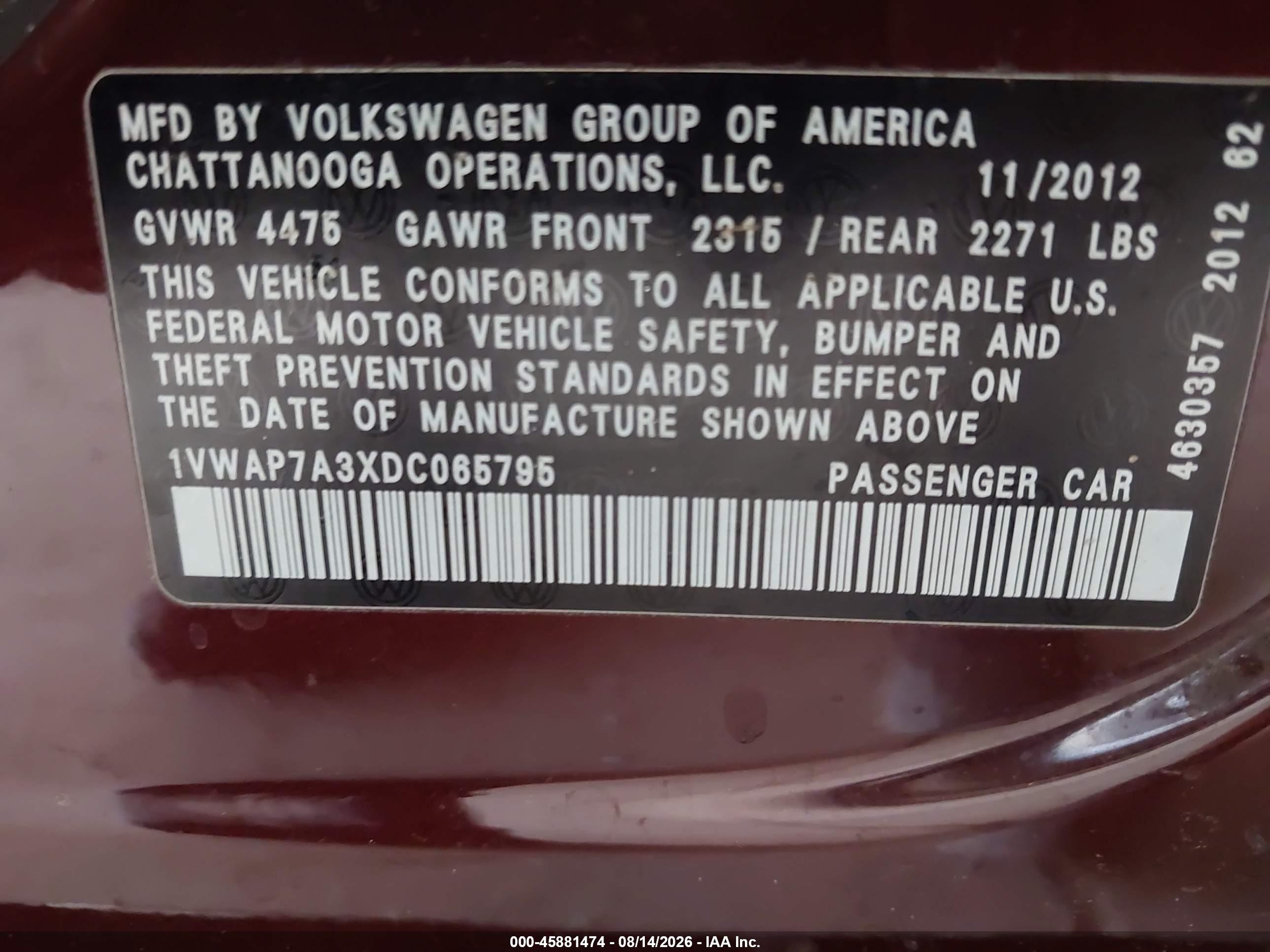 2013 Volkswagen Passat 2.5l S Burgundy vin: 1VWAP7A3XDC065795