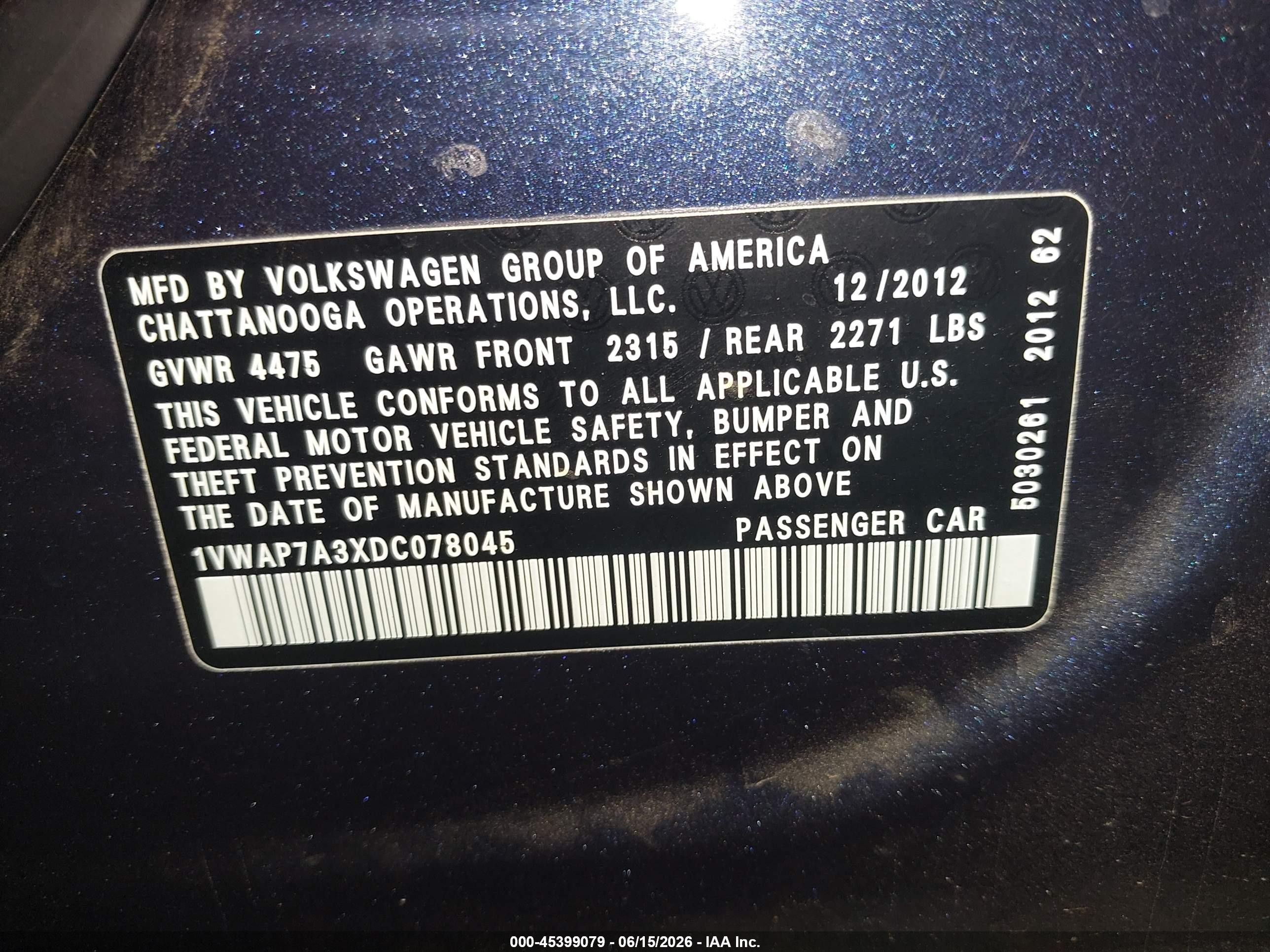 2013 Volkswagen Passat 2.5l S Blue vin: 1VWAP7A3XDC078045