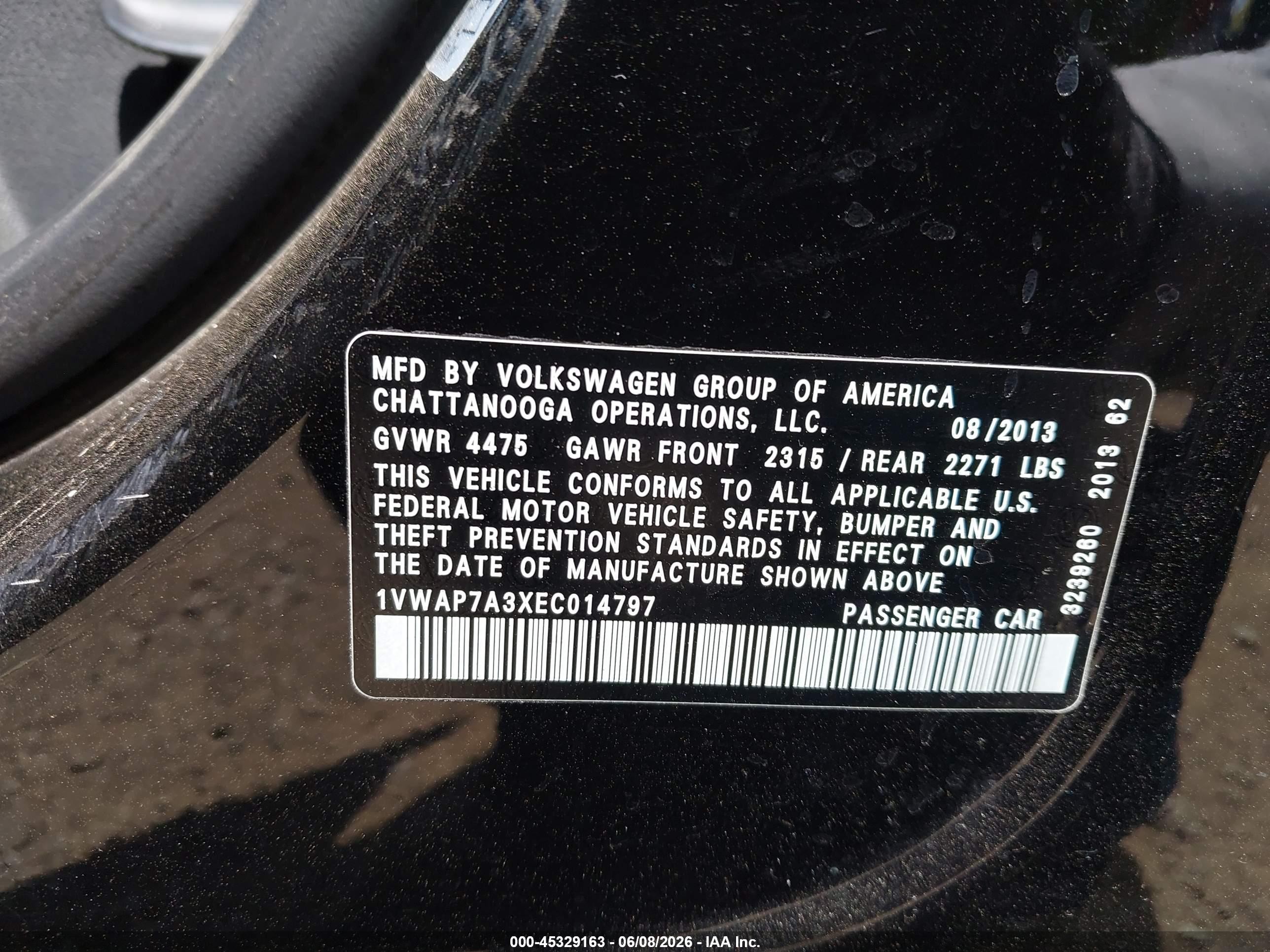 2014 Volkswagen Passat 2.5l S Black vin: 1VWAP7A3XEC014797