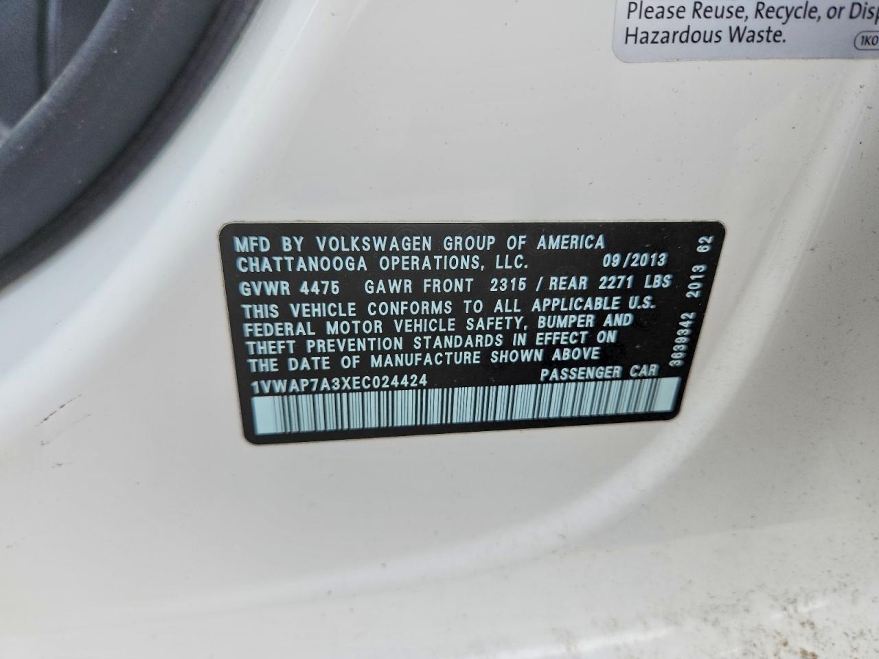 2014 Volkswagen Passat S White vin: 1VWAP7A3XEC024424