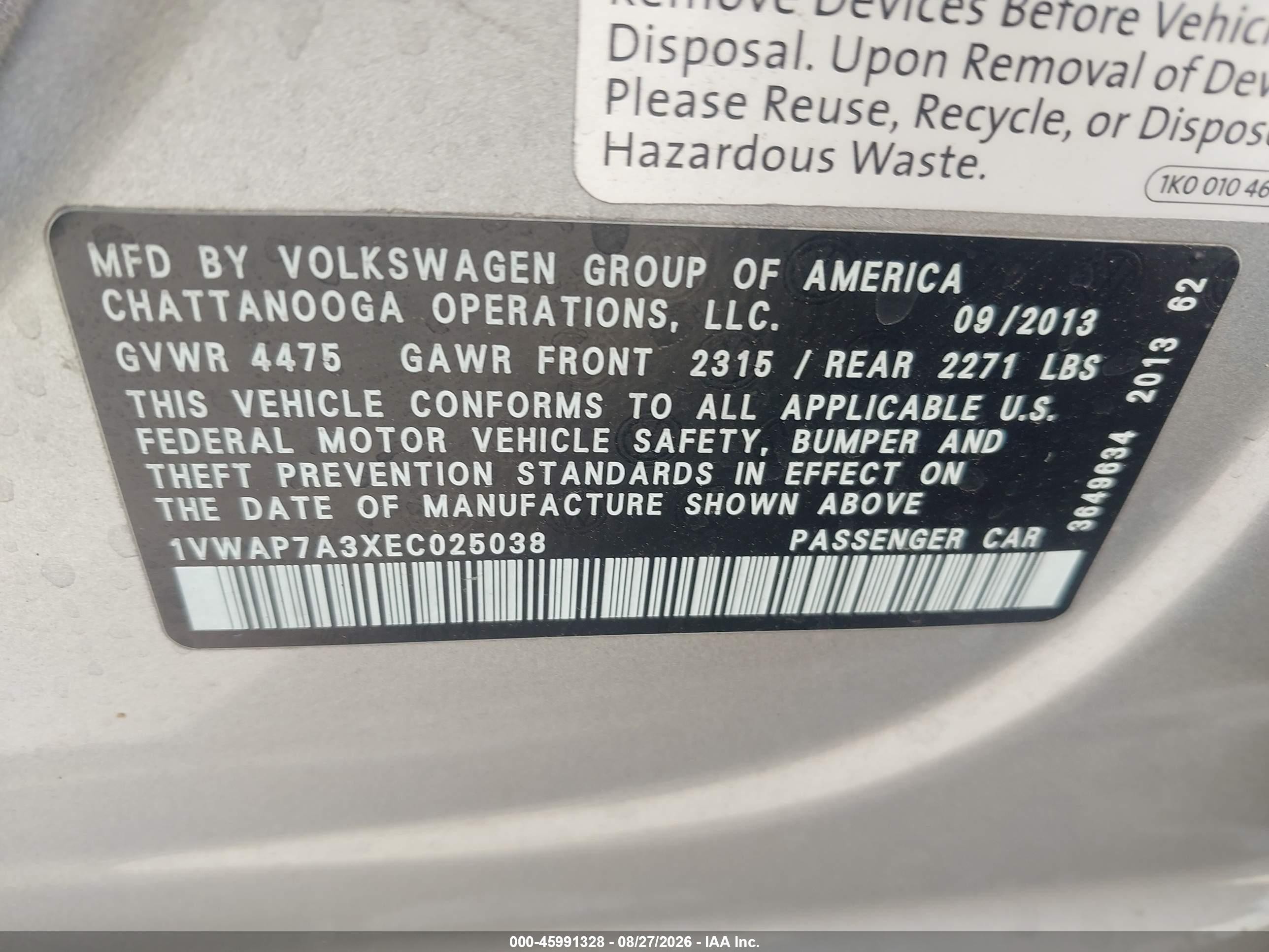 2014 Volkswagen Passat 2.5l S Silver vin: 1VWAP7A3XEC025038