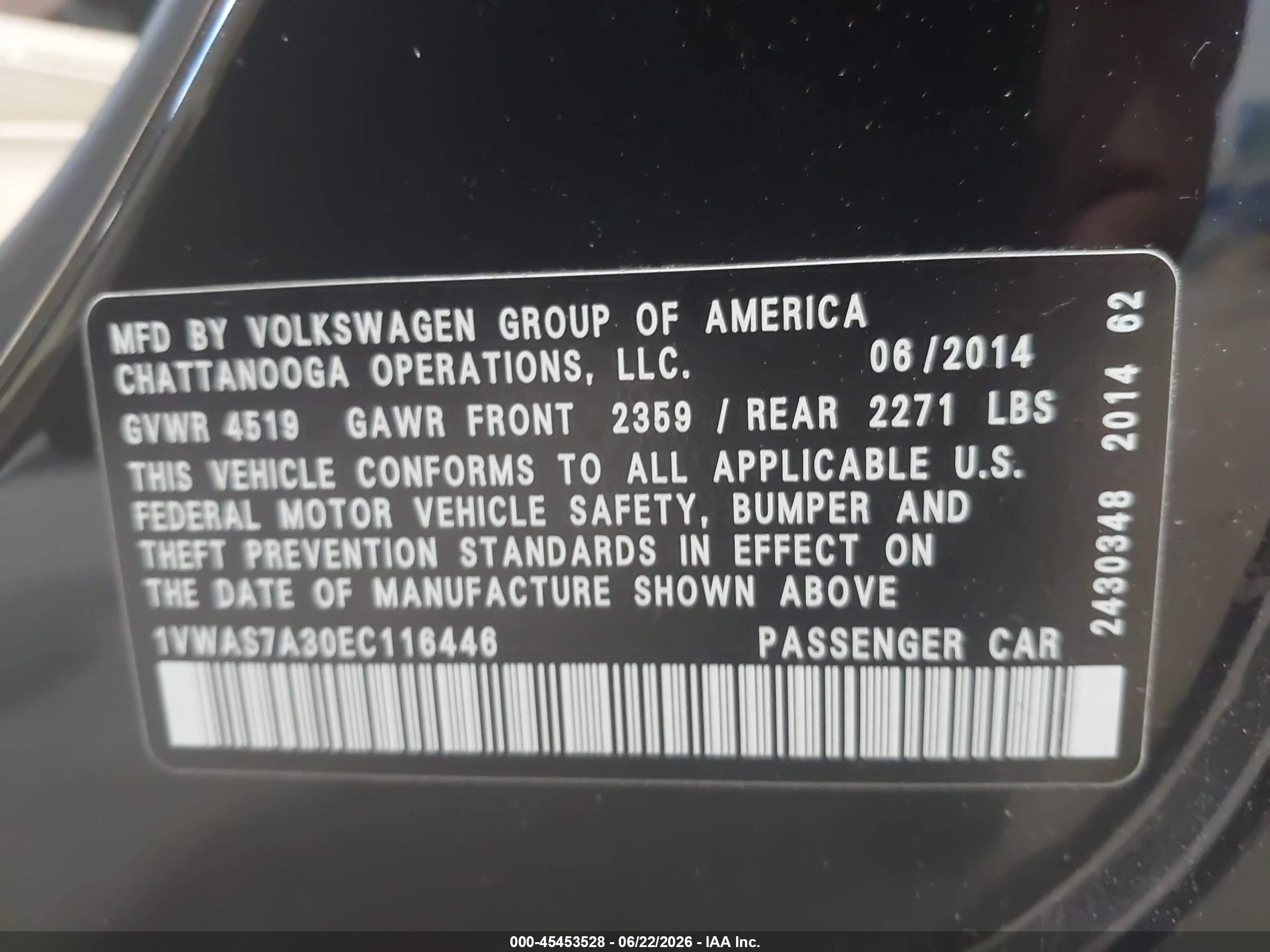 2014 Volkswagen Passat 1.8t Wolfsburg Edition Black vin: 1VWAS7A30EC116446
