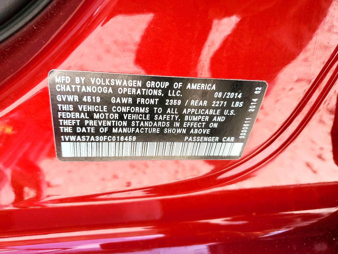 2015 Volkswagen Passat S Red vin: 1VWAS7A30FC016459