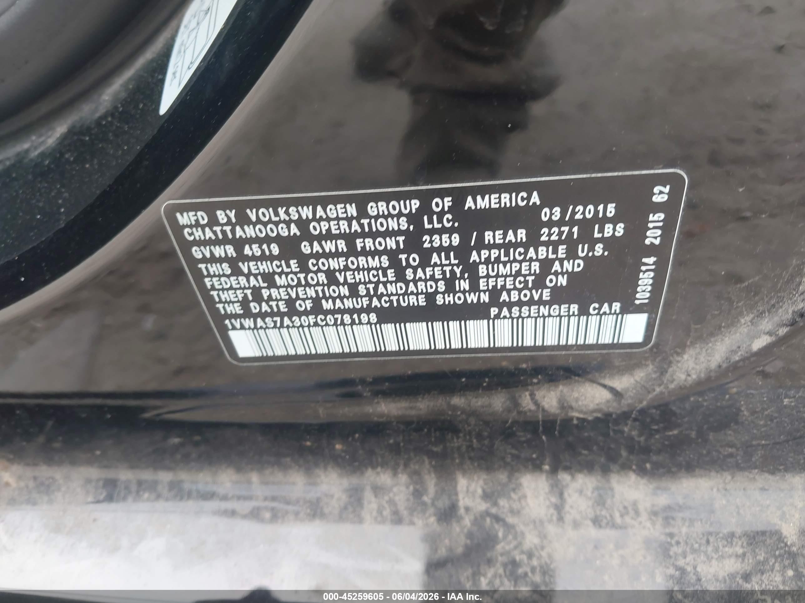 2015 Volkswagen Passat 1.8t Limited Edition Black vin: 1VWAS7A30FC078198