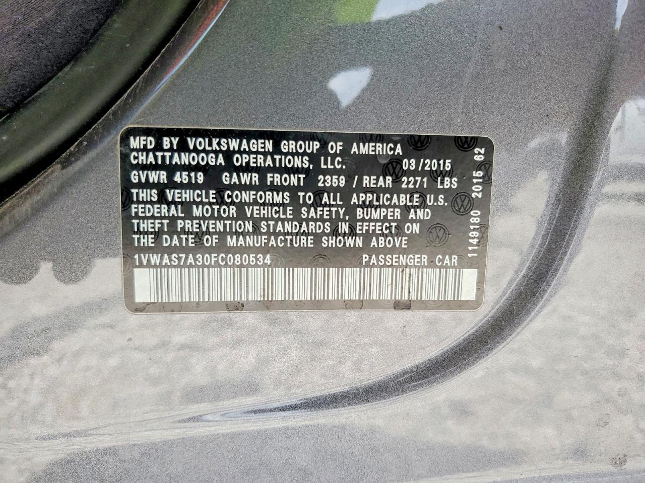 2015 Volkswagen Passat S Gray vin: 1VWAS7A30FC080534