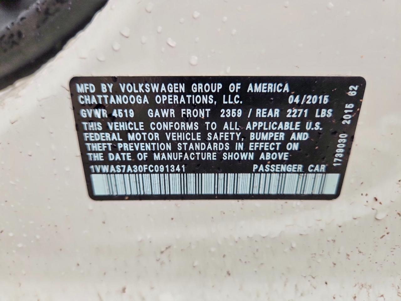 2015 Volkswagen Passat S White vin: 1VWAS7A30FC091341