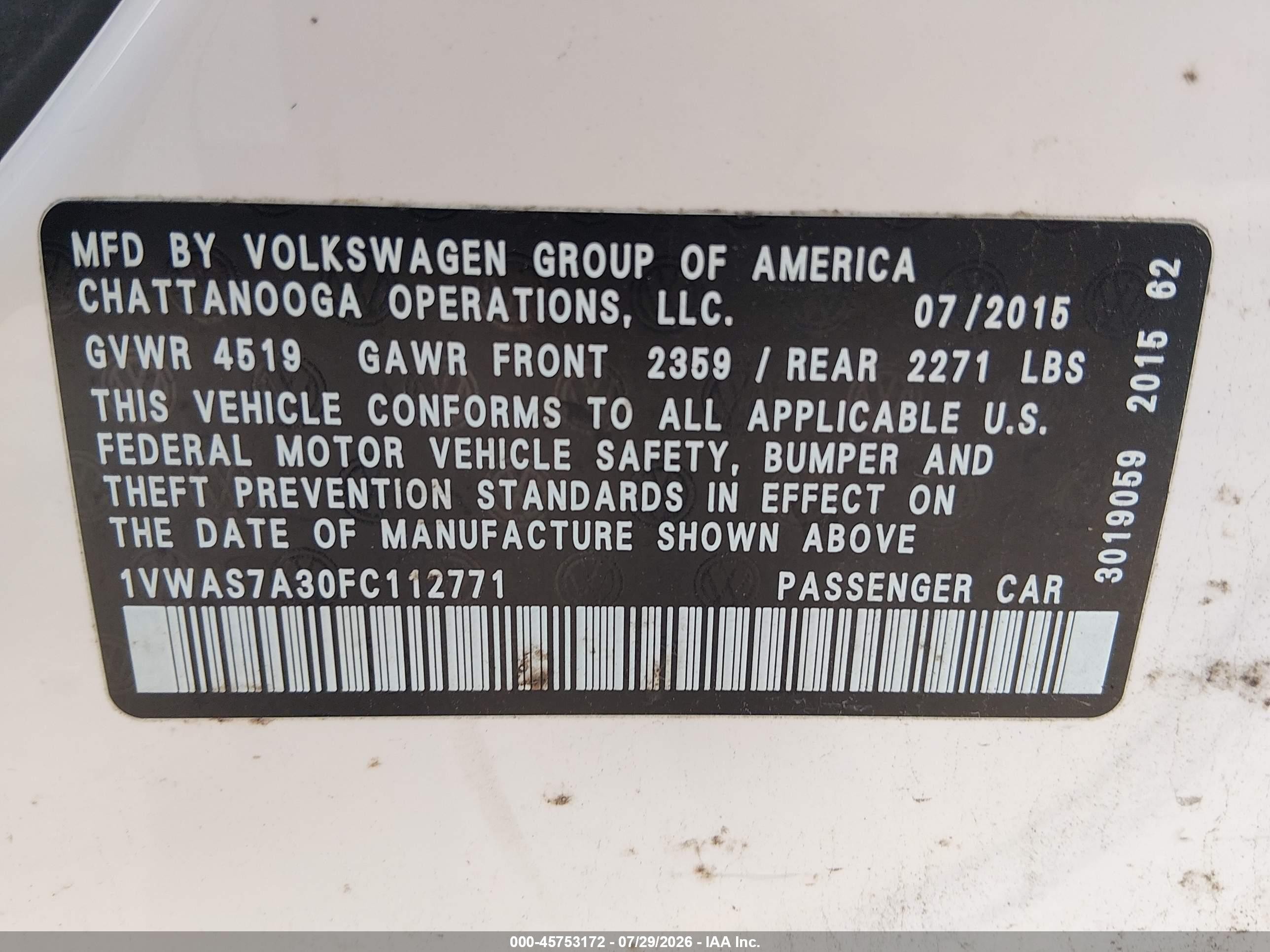 2015 Volkswagen Passat 1.8t Limited Edition White vin: 1VWAS7A30FC112771