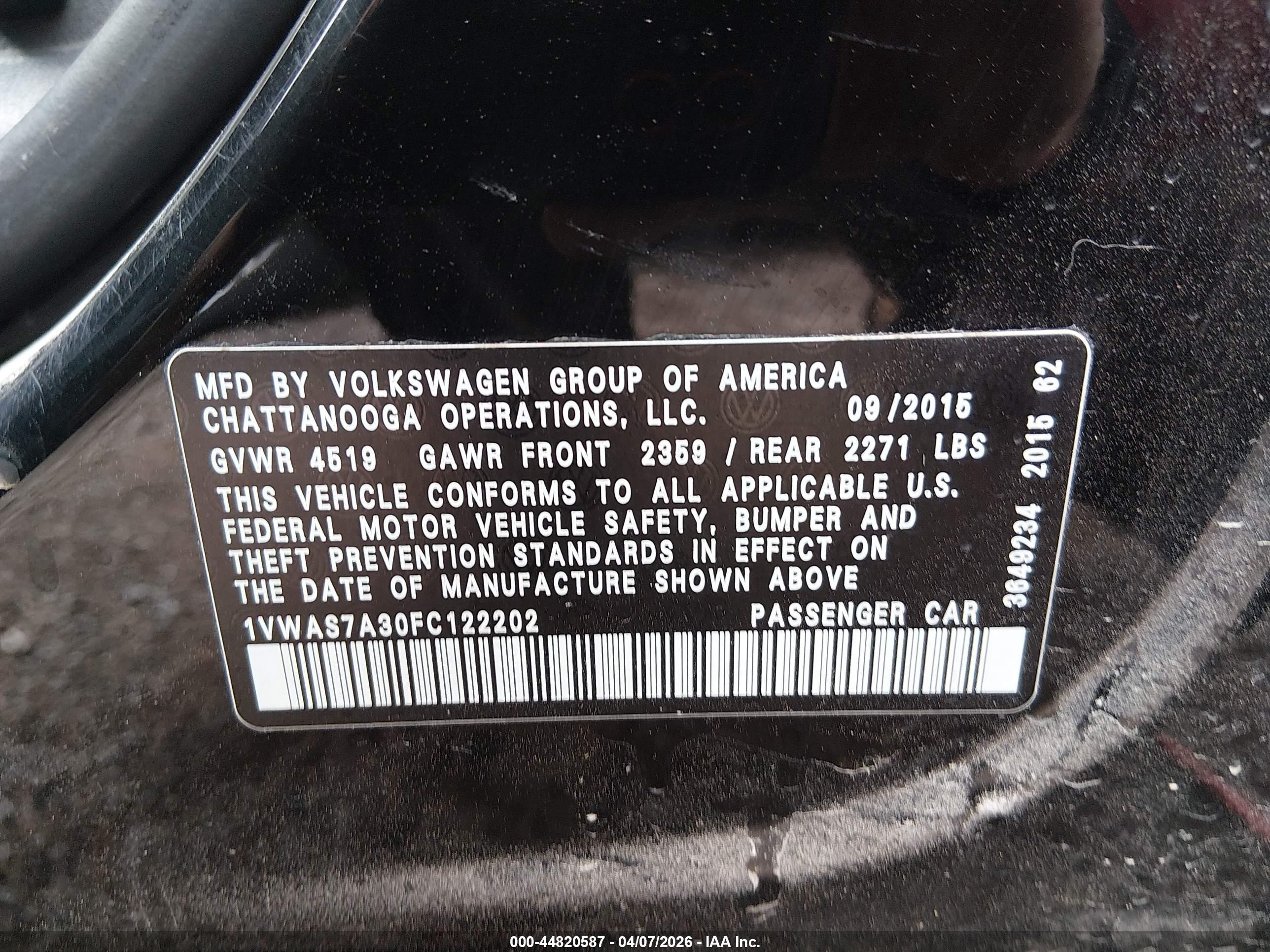 2015 Volkswagen Passat 1.8t Limited Edition Black vin: 1VWAS7A30FC122202