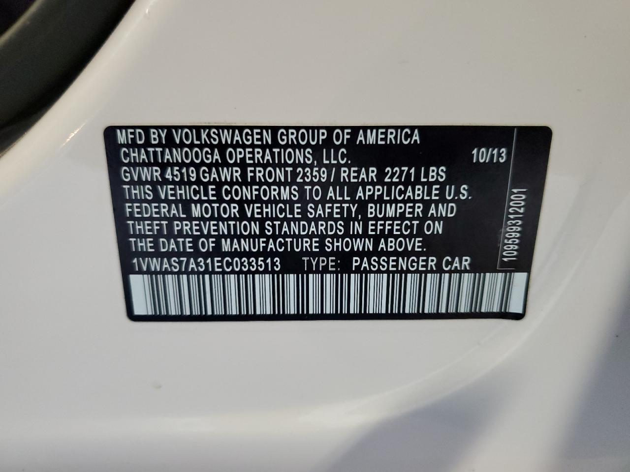 2014 Volkswagen Passat S White vin: 1VWAS7A31EC033513