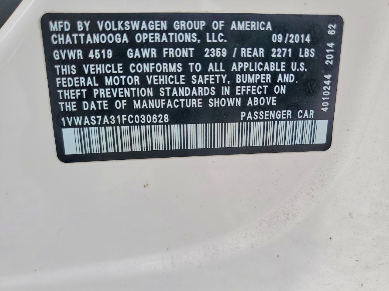 2015 Volkswagen Passat S White vin: 1VWAS7A31FC030628