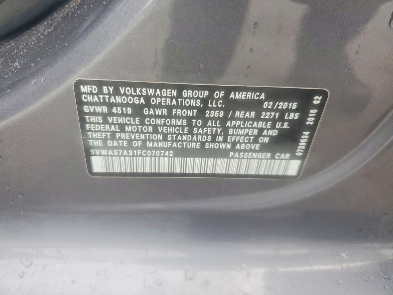 2015 Volkswagen Passat S Gray vin: 1VWAS7A31FC070742