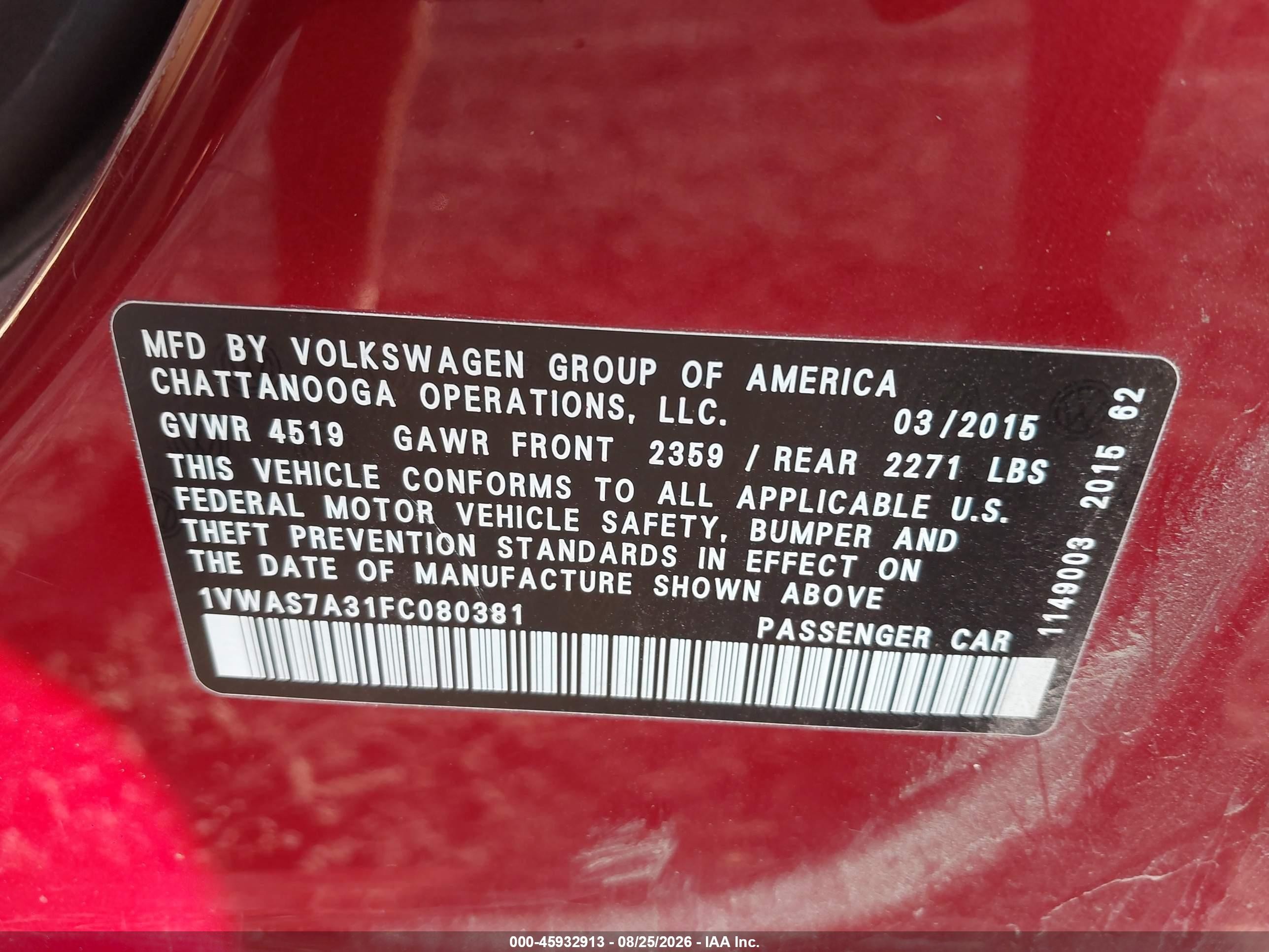2015 Volkswagen Passat 1.8t Limited Edition Red vin: 1VWAS7A31FC080381