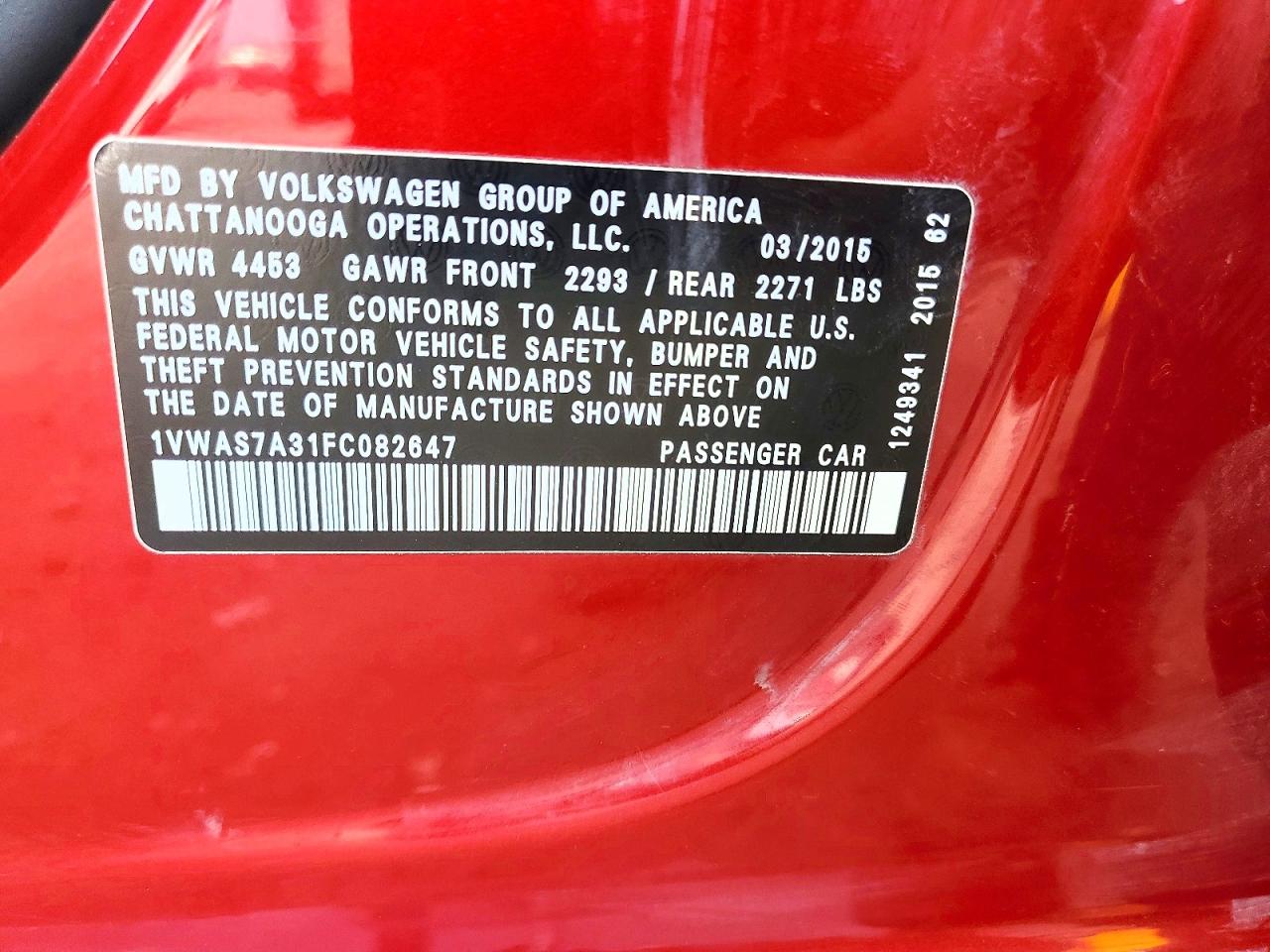 2015 Volkswagen Passat S Red vin: 1VWAS7A31FC082647