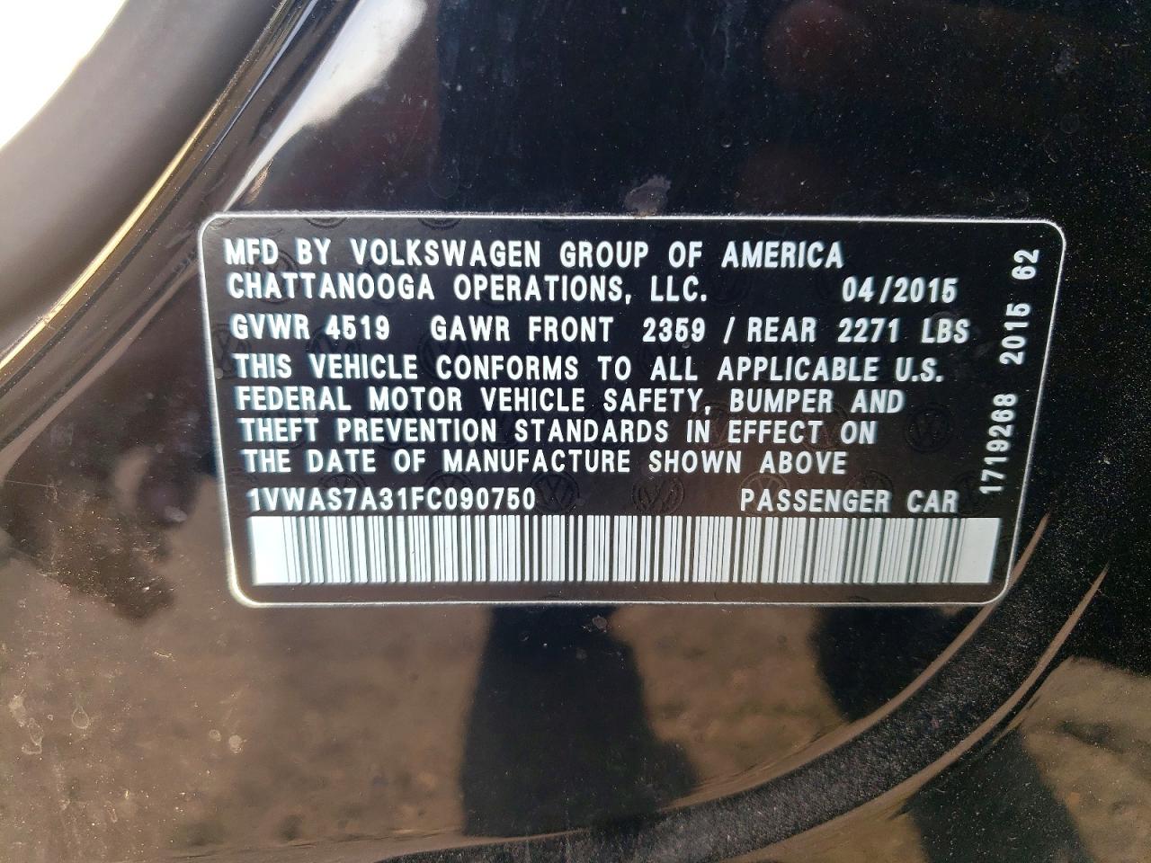 2015 Volkswagen Passat S Black vin: 1VWAS7A31FC090750