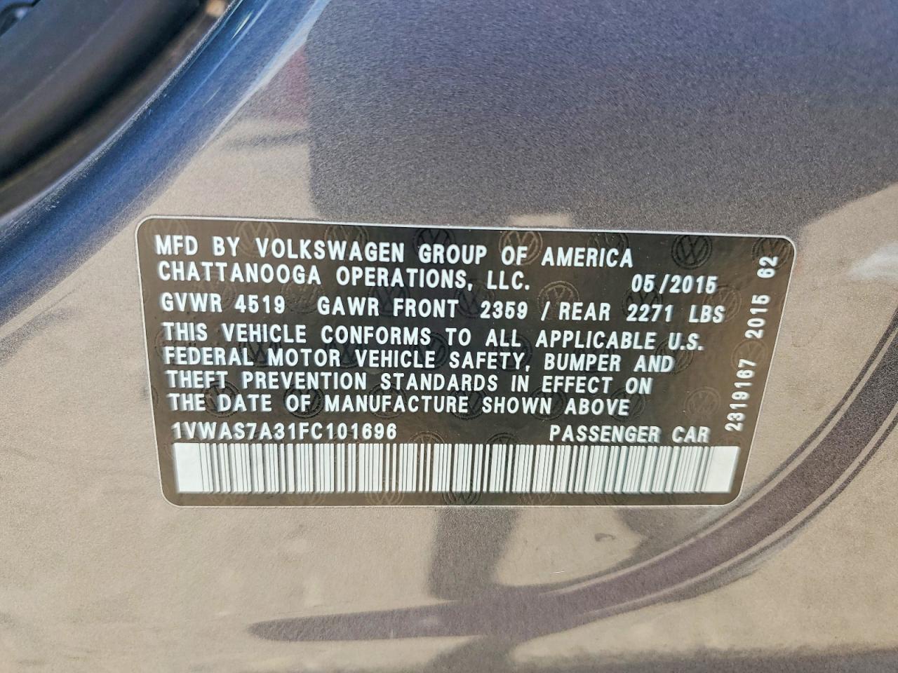 2015 Volkswagen Passat S Gray vin: 1VWAS7A31FC101696