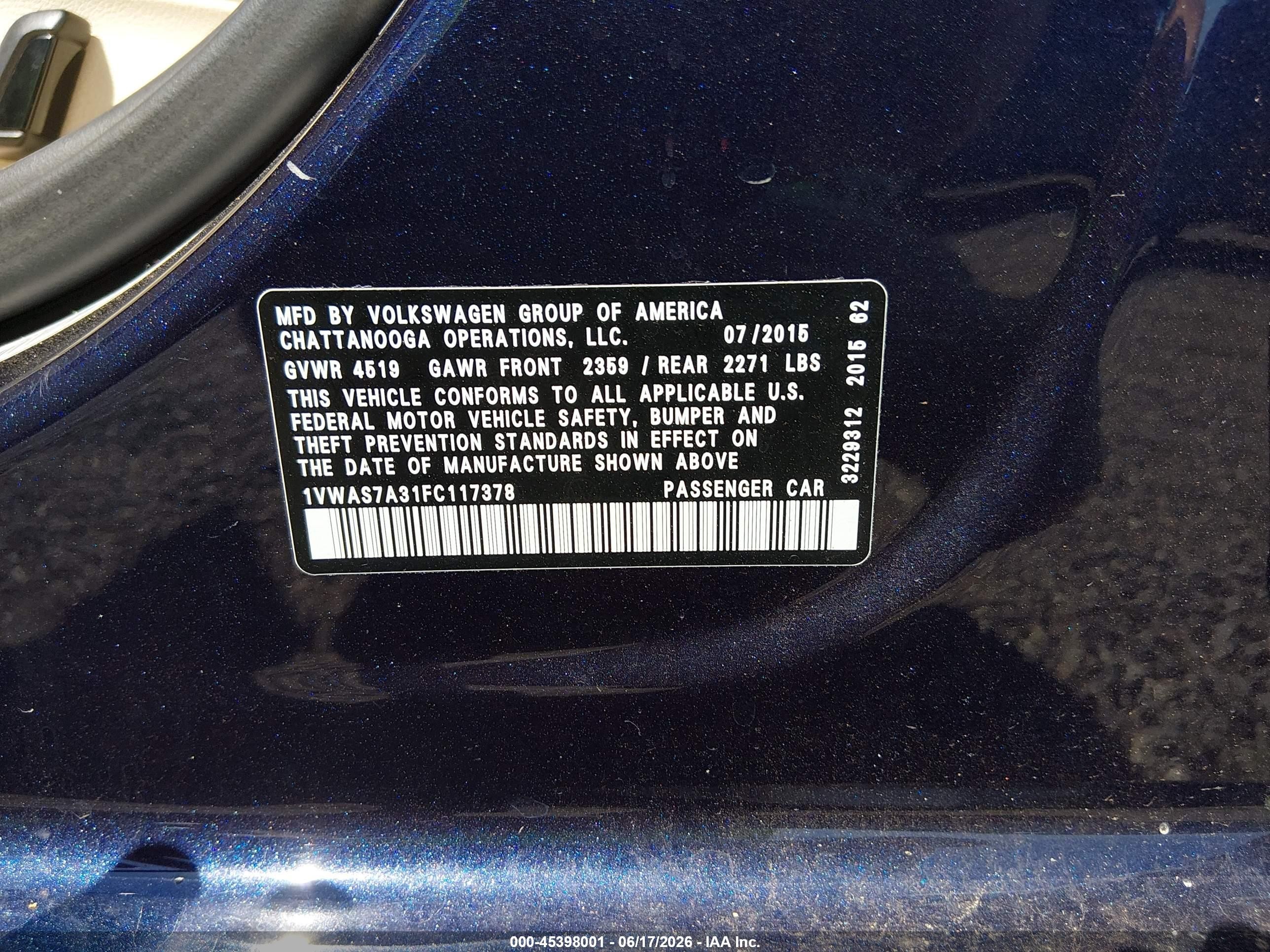 2015 Volkswagen Passat 1.8t Limited Edition Blue vin: 1VWAS7A31FC117378