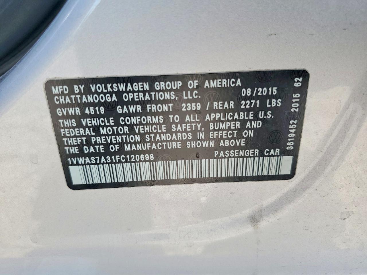 2015 Volkswagen Passat S Silver vin: 1VWAS7A31FC120698