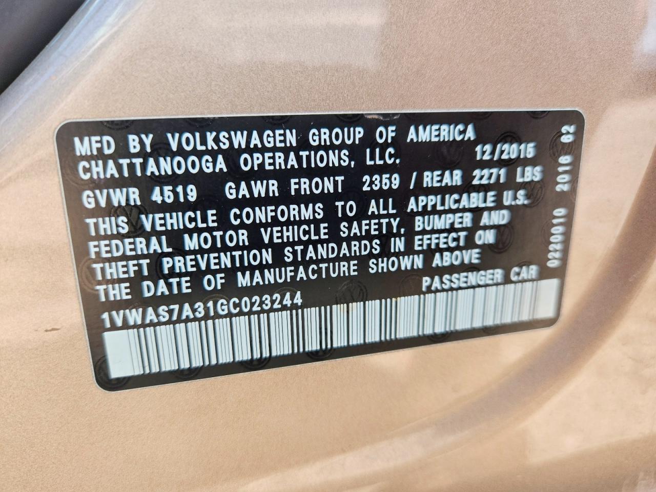 2016 Volkswagen Passat S Gold vin: 1VWAS7A31GC023244