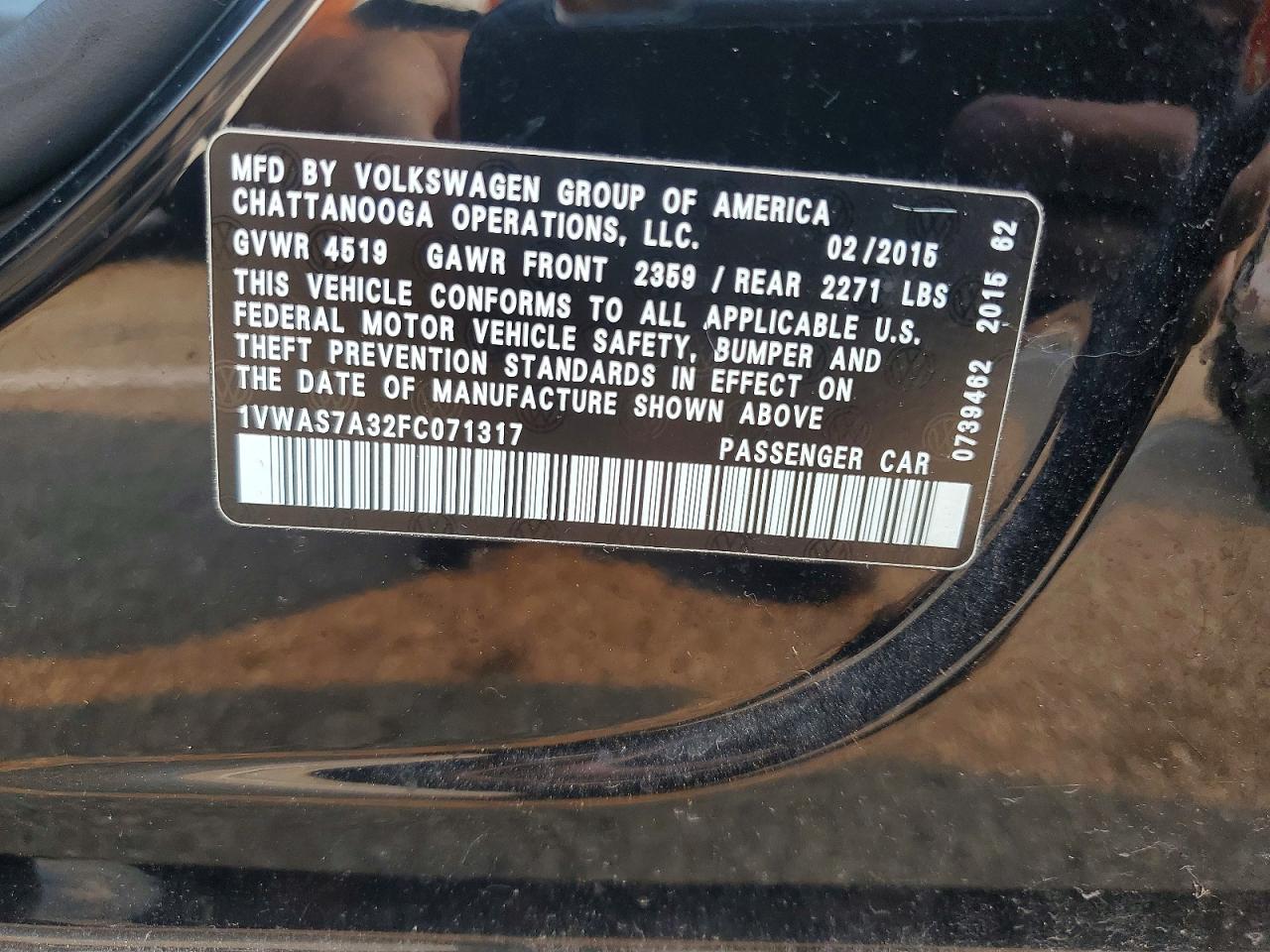 2015 Volkswagen Passat S Black vin: 1VWAS7A32FC071317