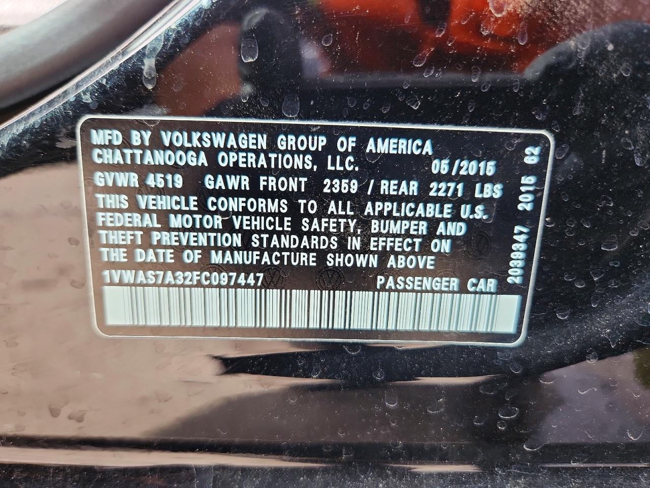 2015 Volkswagen Passat S Black vin: 1VWAS7A32FC097447