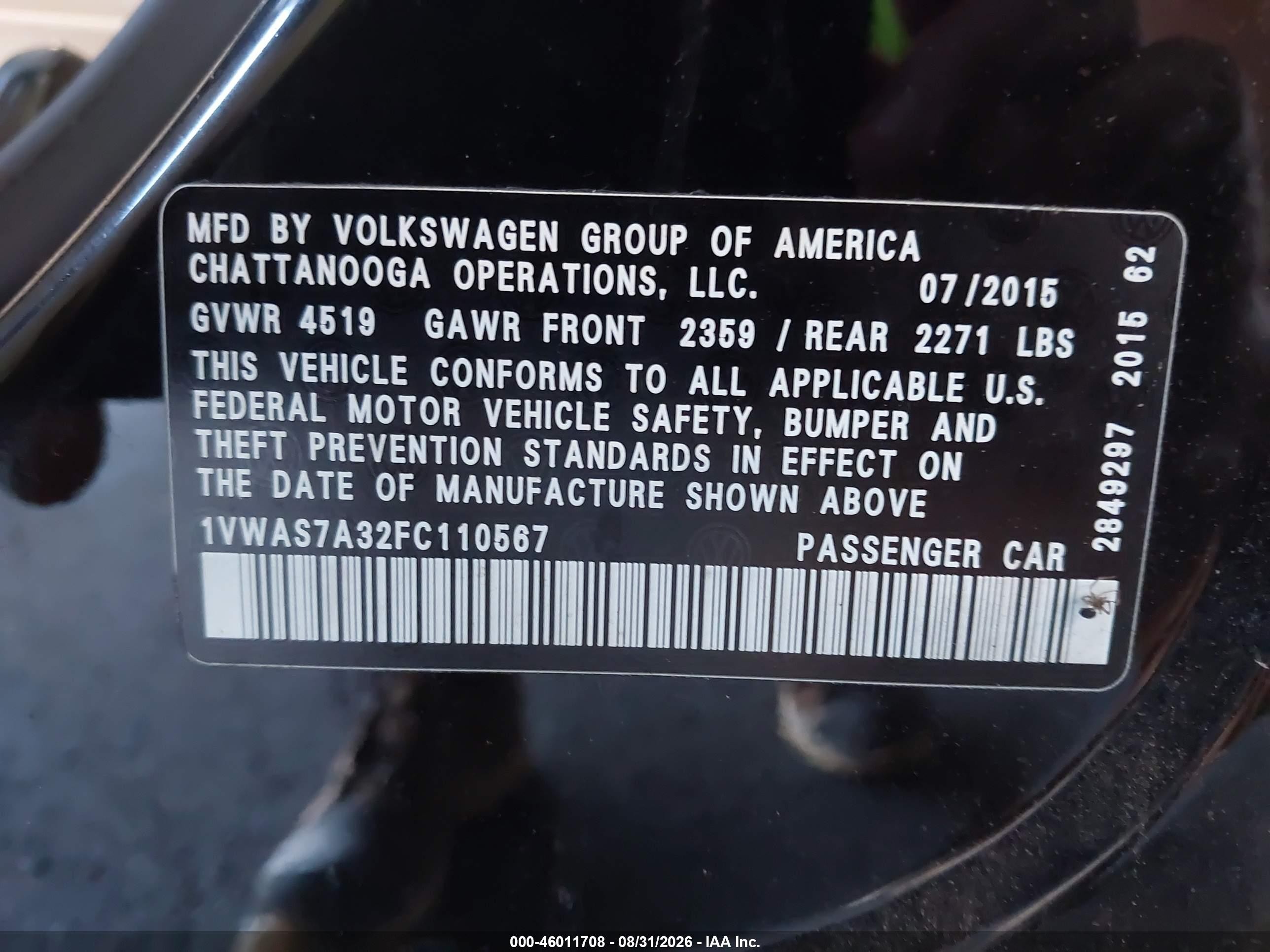2015 Volkswagen Passat 1.8t Limited Edition Black vin: 1VWAS7A32FC110567