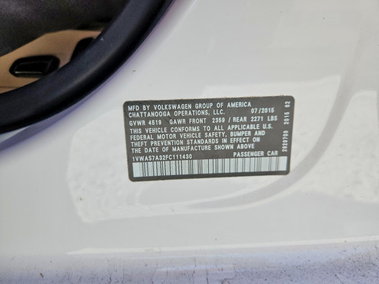 2015 Volkswagen Passat S White vin: 1VWAS7A32FC111430