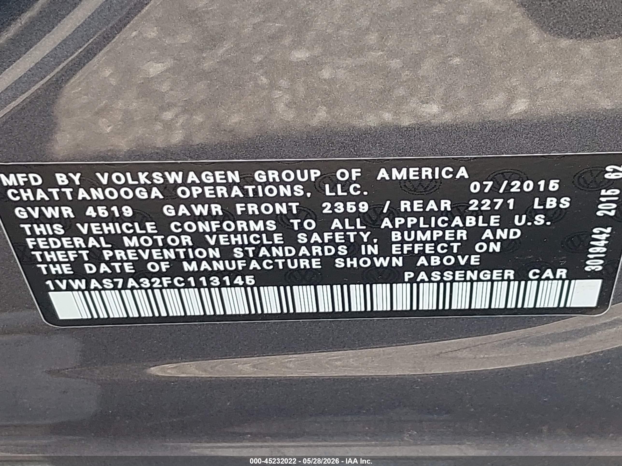 2015 Volkswagen Passat 1.8t Limited Edition Gray vin: 1VWAS7A32FC113145