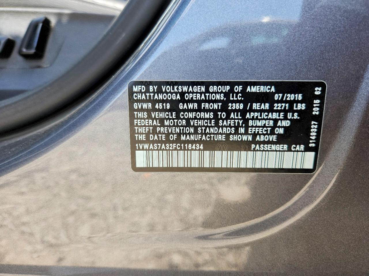 2015 Volkswagen Passat S Charcoal vin: 1VWAS7A32FC116434