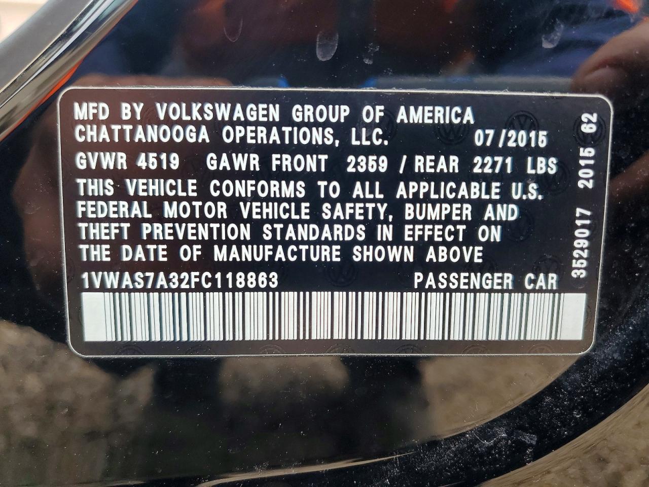 2015 Volkswagen Passat S Black vin: 1VWAS7A32FC118863
