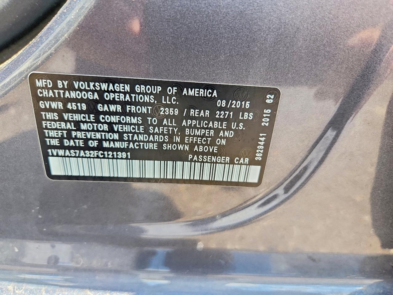 2015 Volkswagen Passat S Gray vin: 1VWAS7A32FC121391