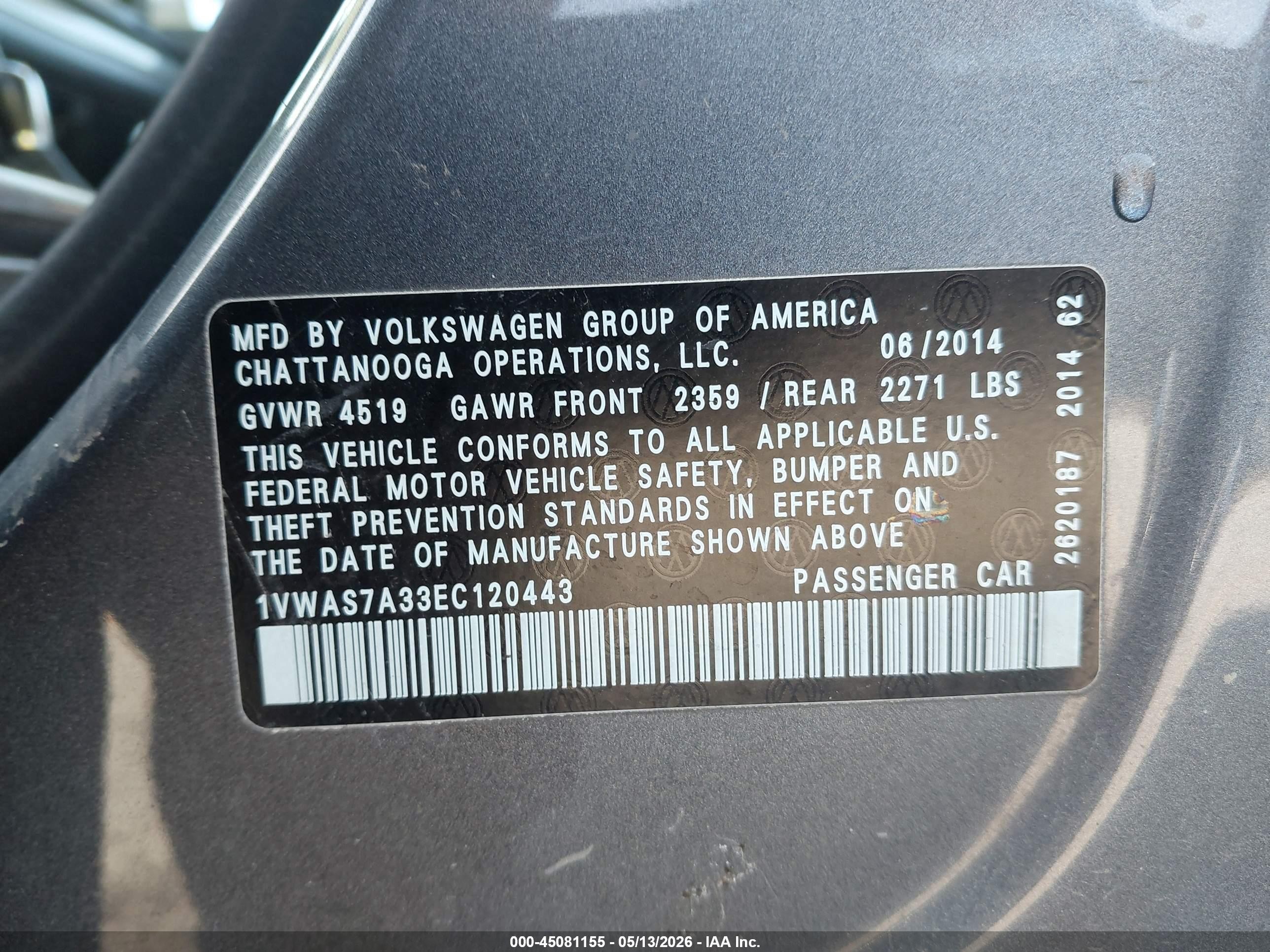 2014 Volkswagen Passat 1.8t Wolfsburg Edition Gray vin: 1VWAS7A33EC120443