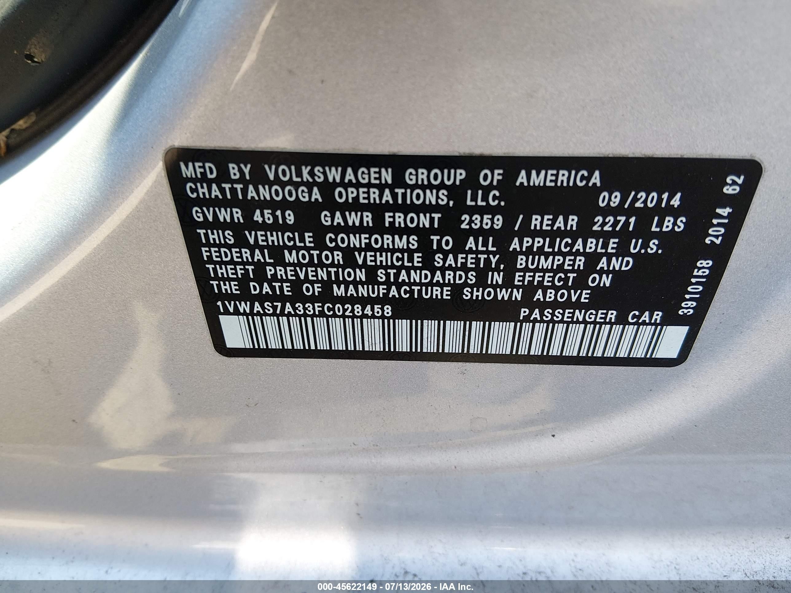 2015 Volkswagen Passat 1.8t Wolfsburg Edition Silver vin: 1VWAS7A33FC028458