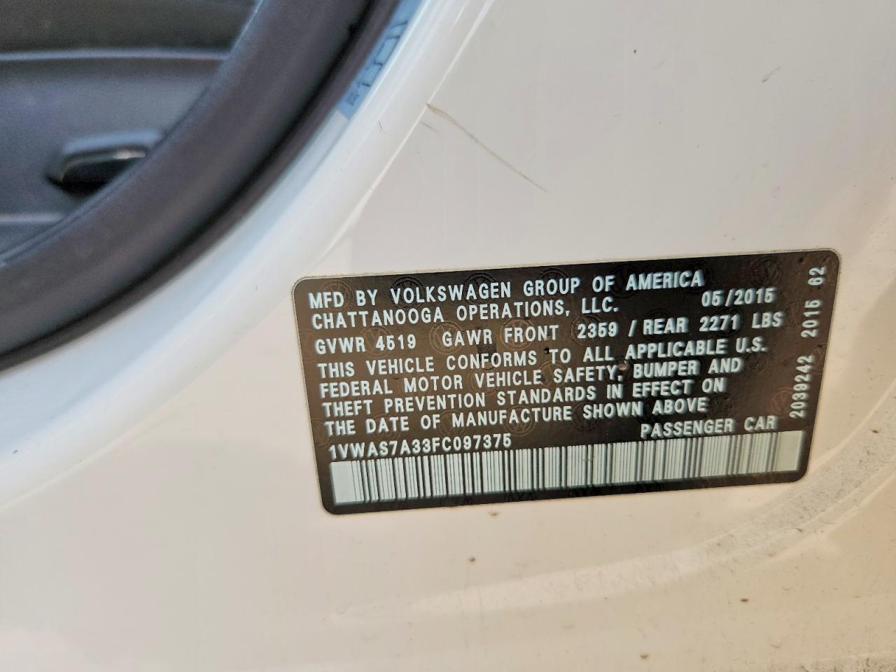 2015 Volkswagen Passat S Белый vin: 1VWAS7A33FC097375