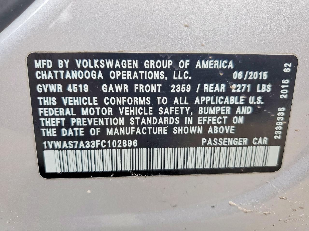 2015 Volkswagen Passat S Silver vin: 1VWAS7A33FC102896