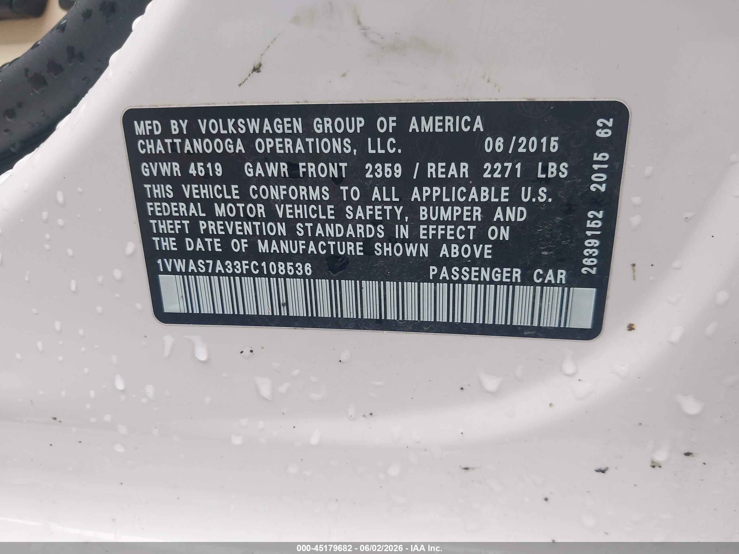2015 Volkswagen Passat 1.8t Limited Edition White vin: 1VWAS7A33FC108536