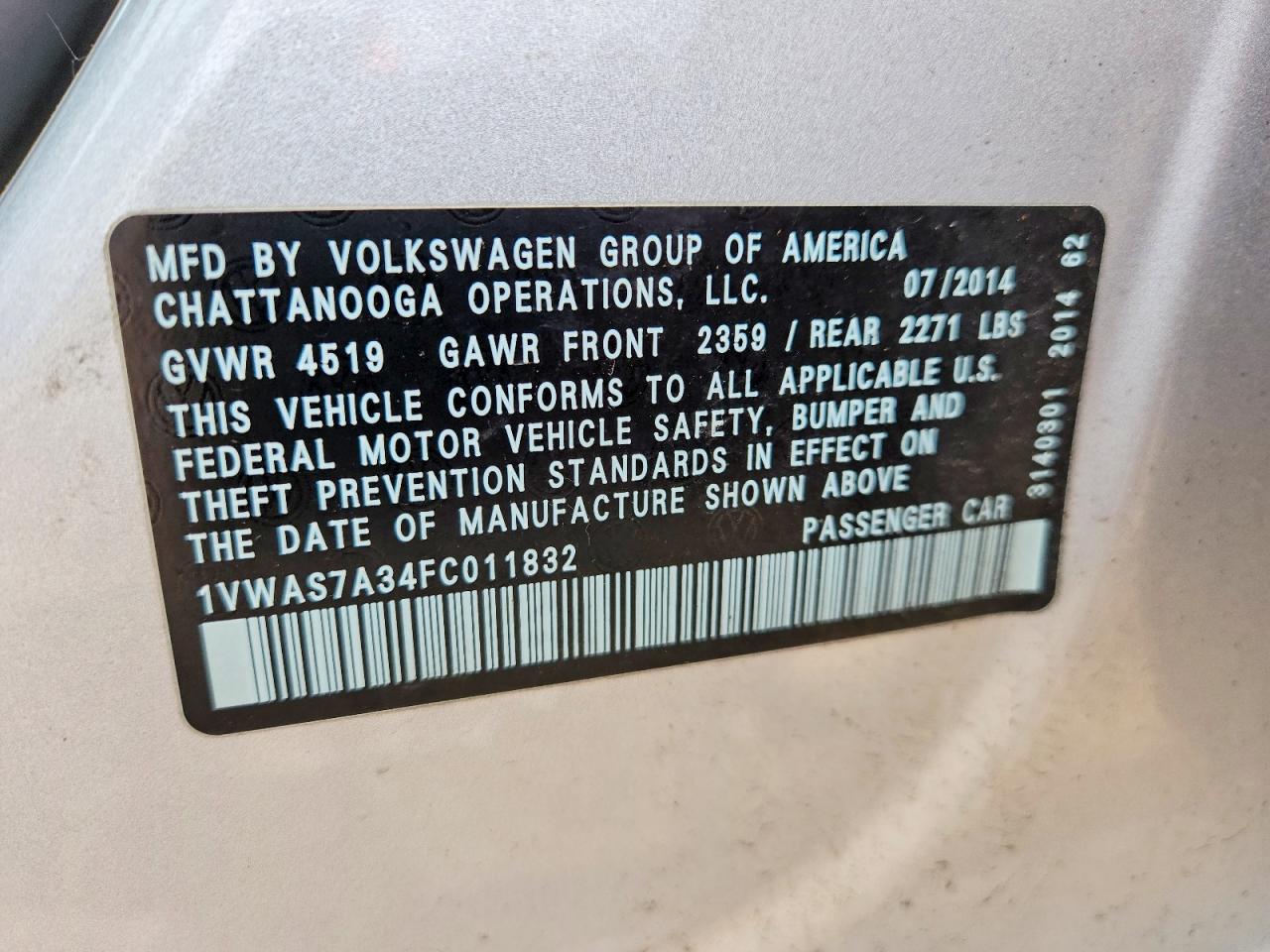 2015 Volkswagen Passat S Серебряный vin: 1VWAS7A34FC011832