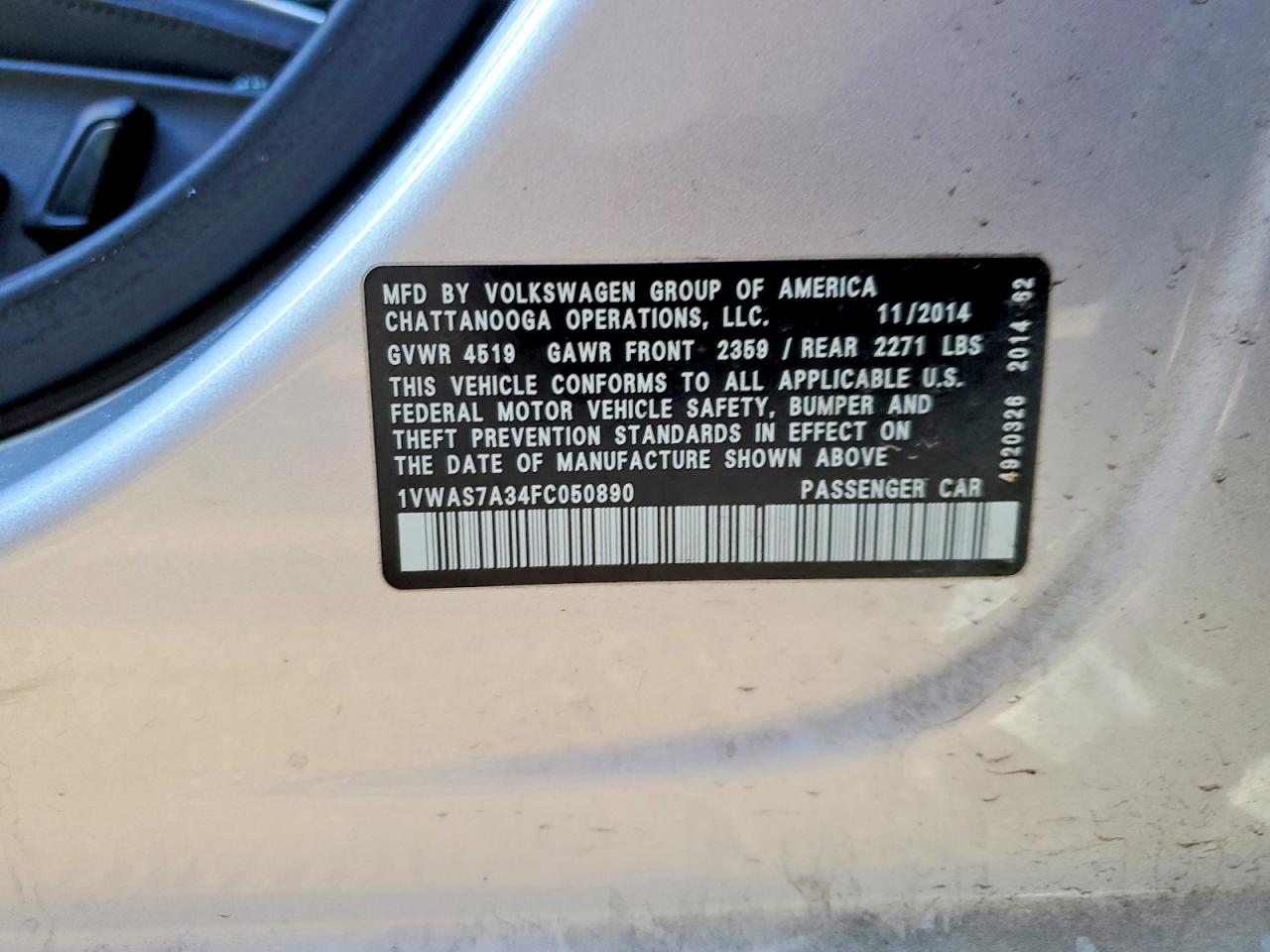 2015 Volkswagen Passat S Silver vin: 1VWAS7A34FC050890