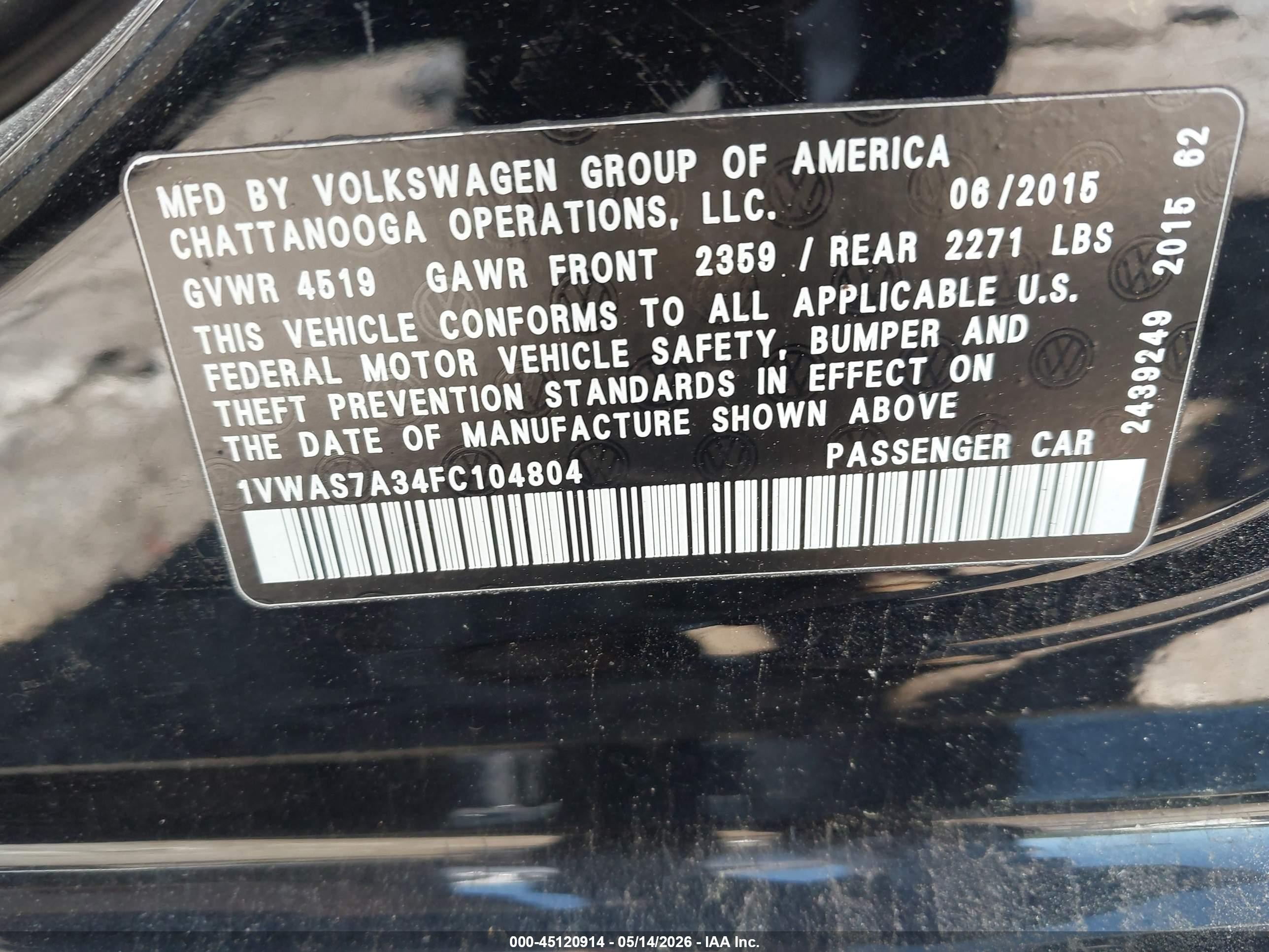 2015 Volkswagen Passat 1.8t Limited Edition Black vin: 1VWAS7A34FC104804