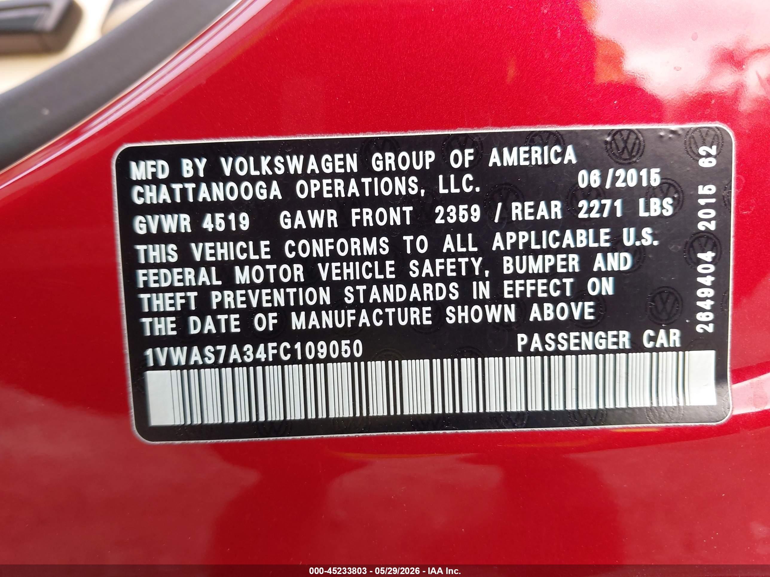 2015 Volkswagen Passat 1.8t Limited Edition Red vin: 1VWAS7A34FC109050