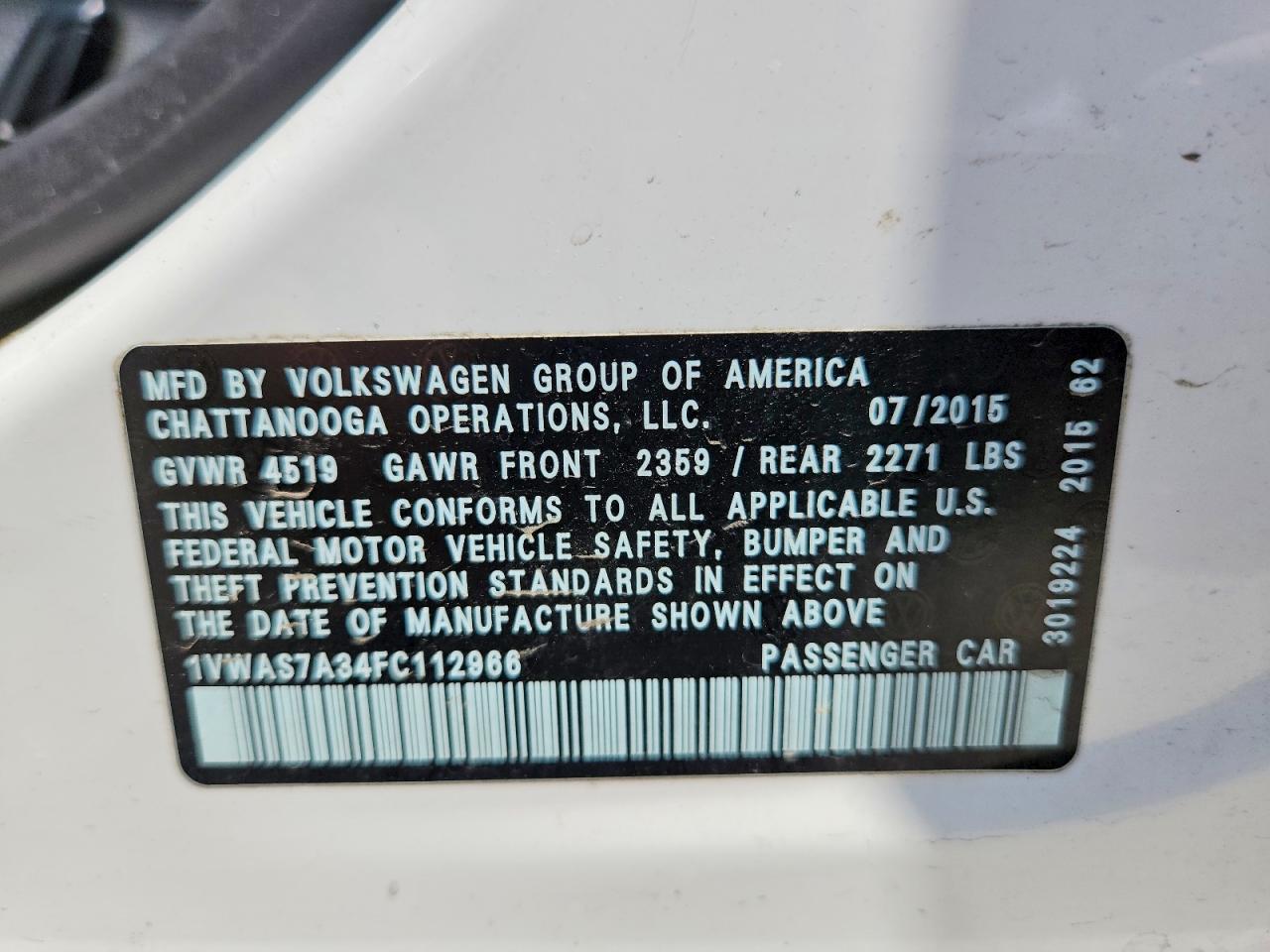 2015 Volkswagen Passat S White vin: 1VWAS7A34FC112966