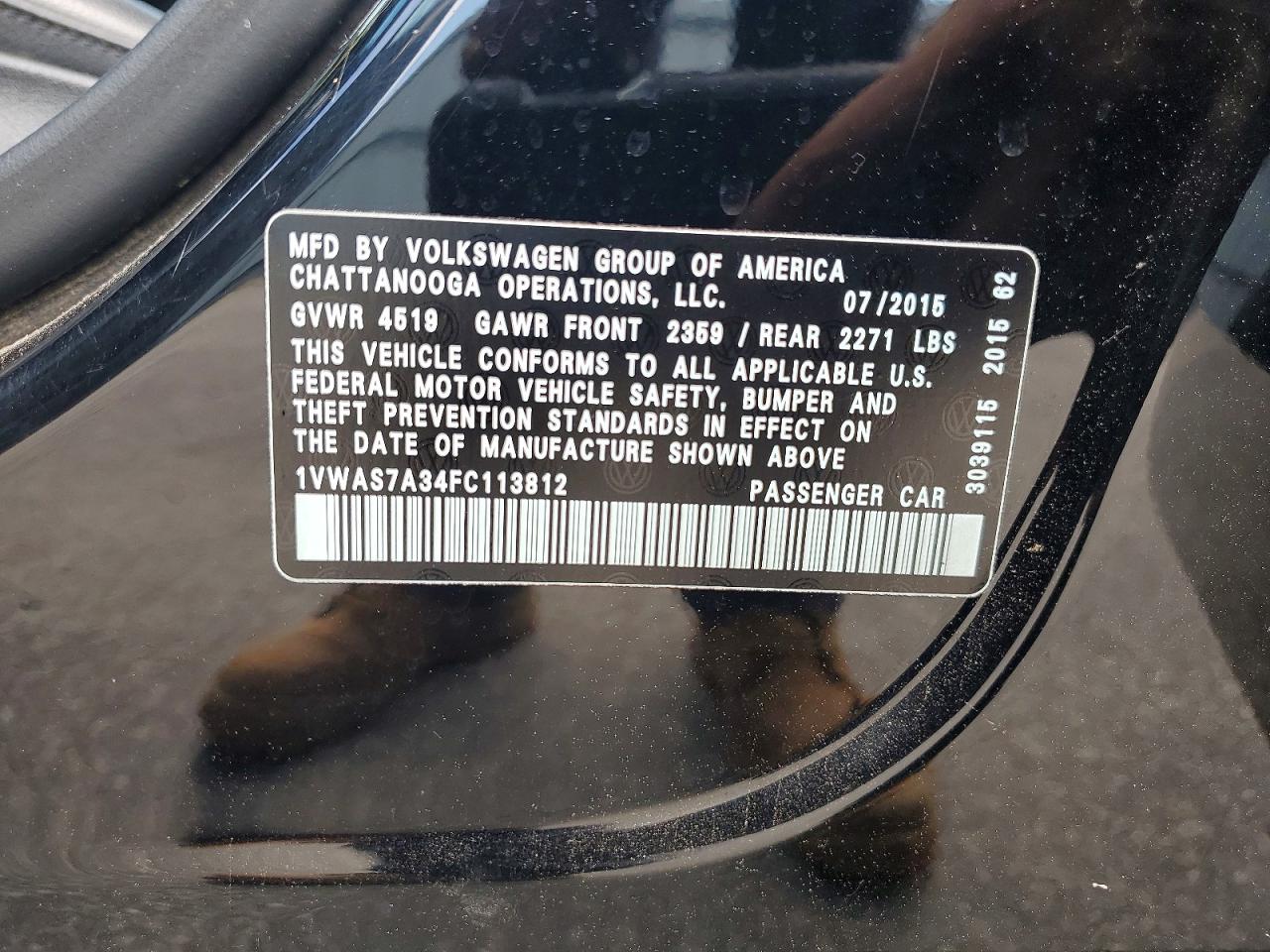 2015 Volkswagen Passat S Black vin: 1VWAS7A34FC113812